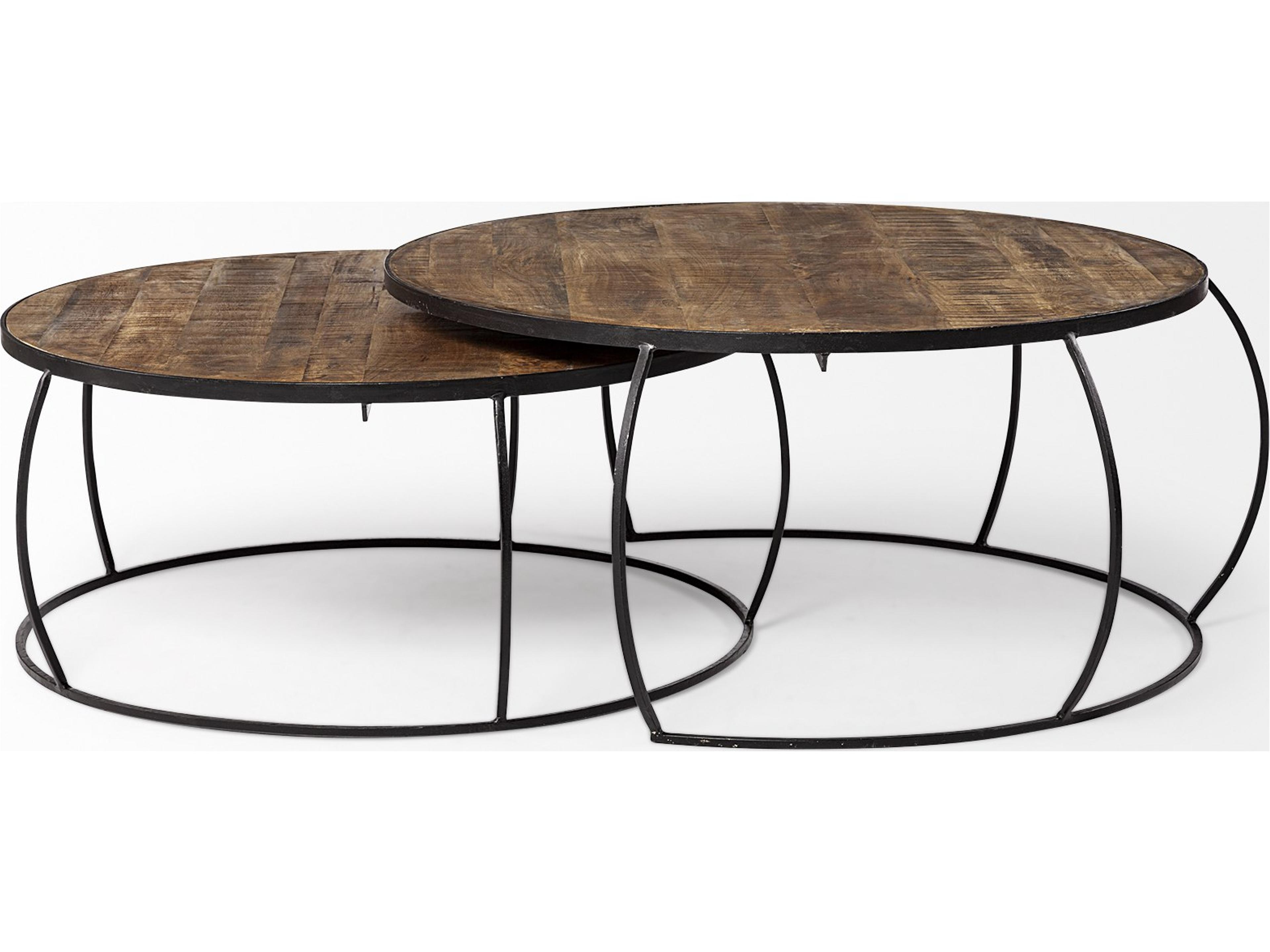 Mercana Clapp I Set of 2 (41" & 38") Round Brown Wood Top Black Iron Base Nesting Coffee Tables