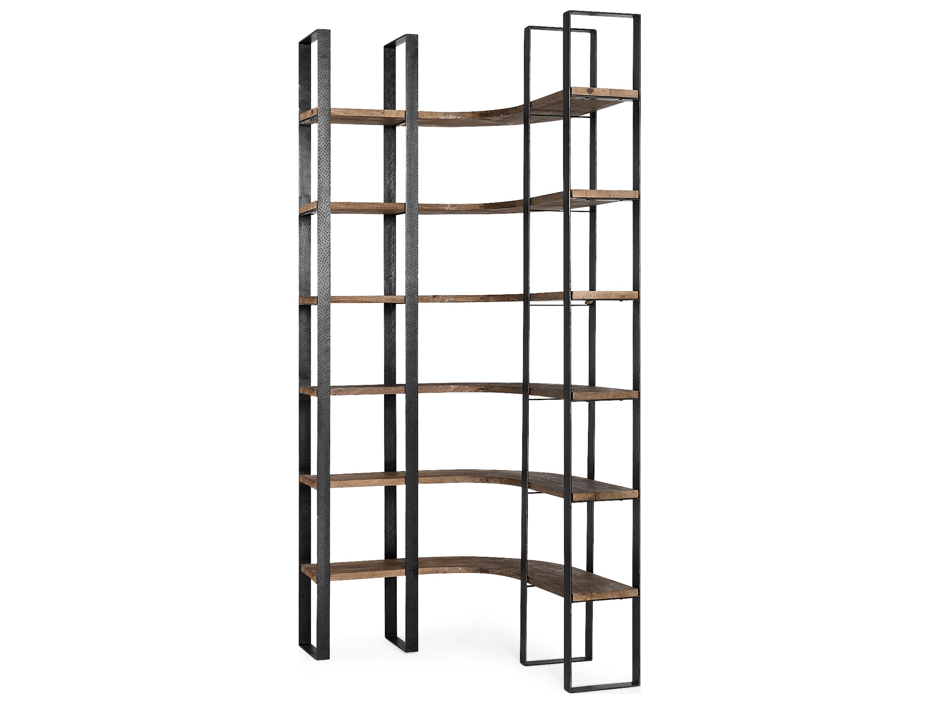 Turner II 37L x 10.5W x 90H Curved Dark Brown Wood And Black Iron Six Shelving Unit