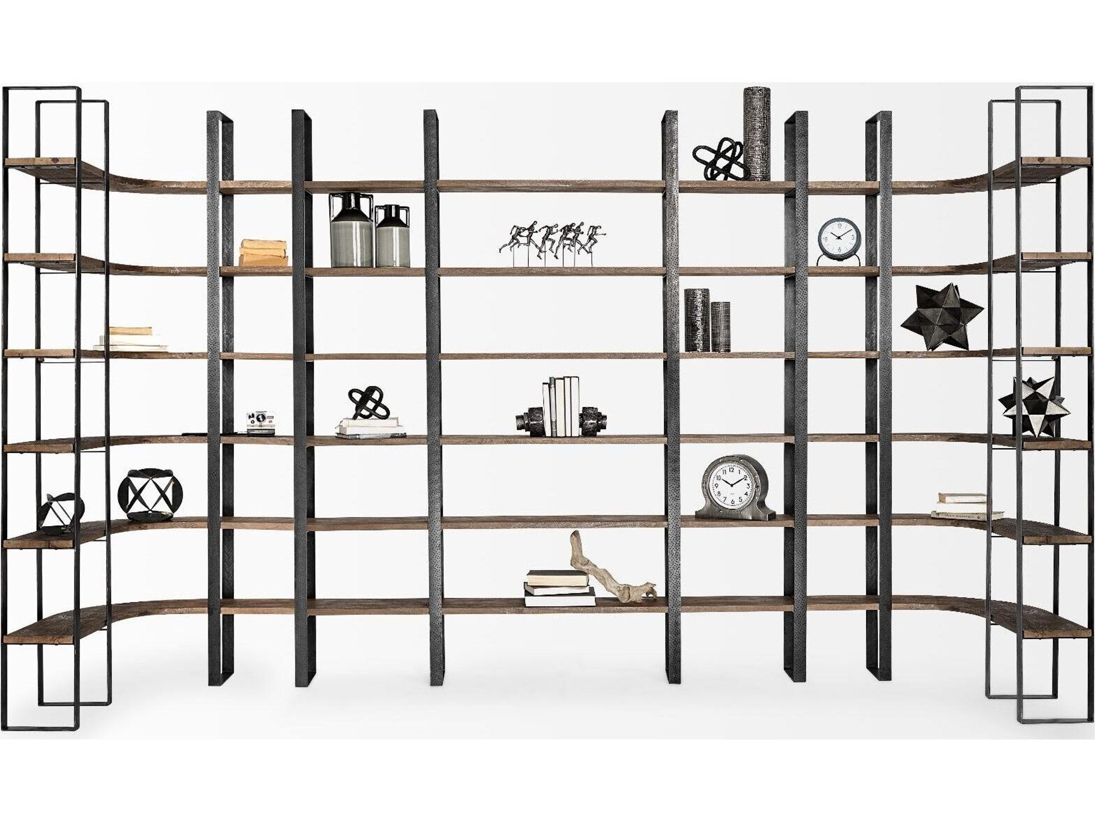 Mercana Turner II 37L x 10.5W x 90H Curved Dark Brown Wood And Black Iron Six Shelving Unit