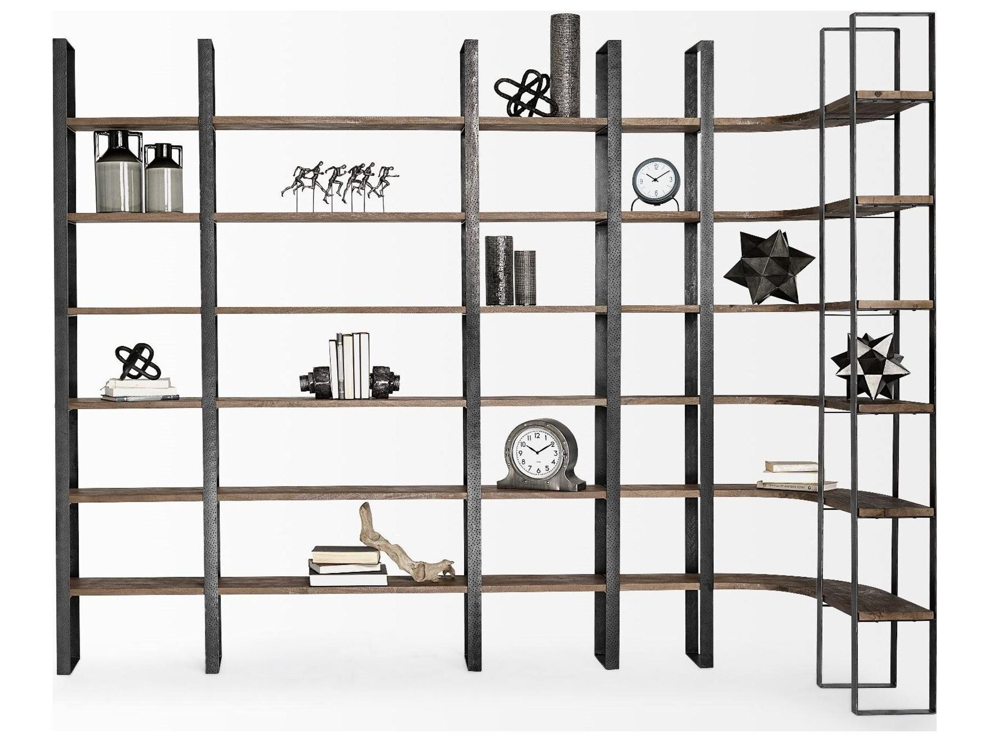 Mercana Turner II 37L x 10.5W x 90H Curved Dark Brown Wood And Black Iron Six Shelving Unit