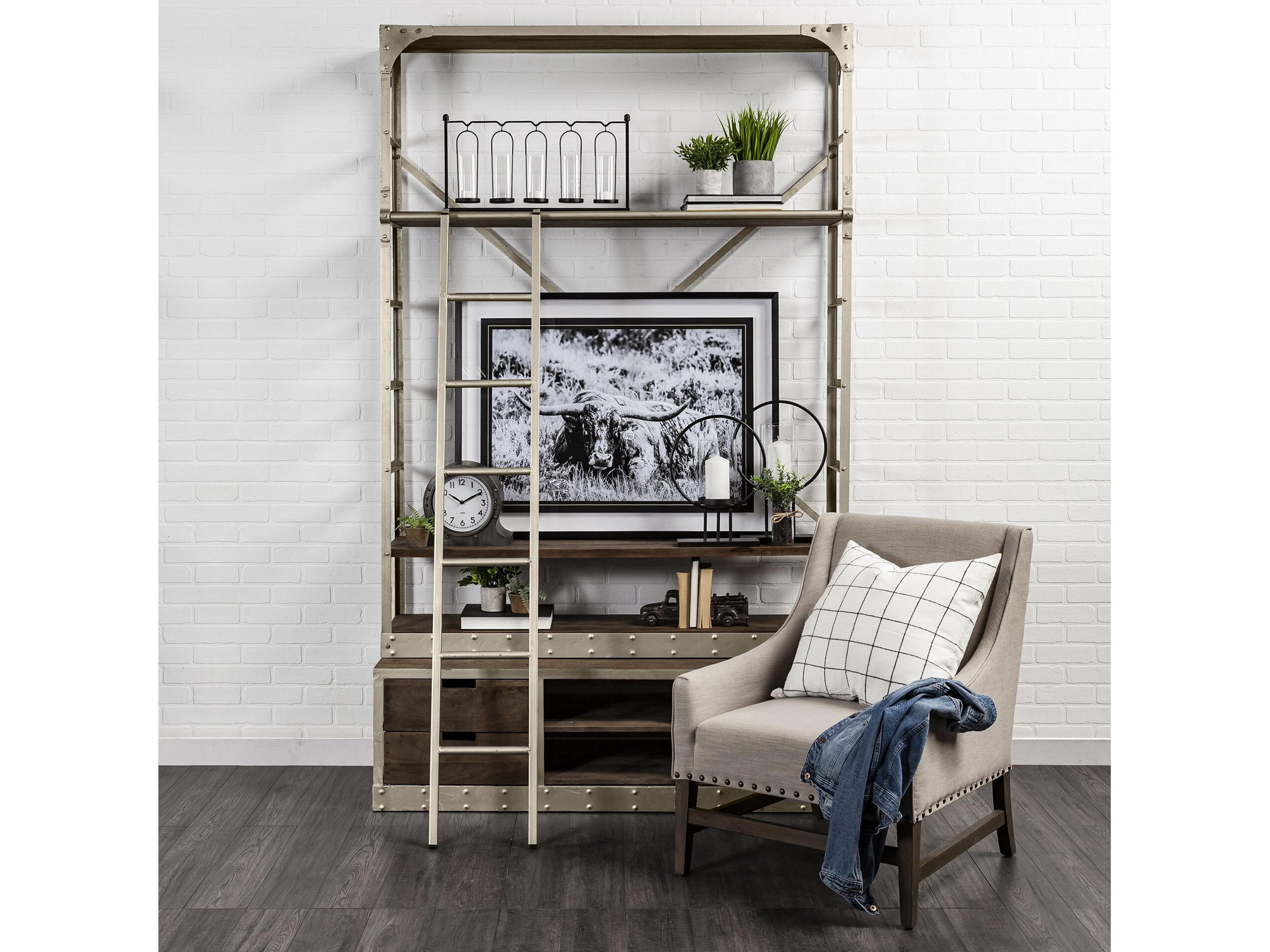 Mercana Brodie VI 57L x 20.5W x 94H Light Brown Wood Nickle Ladder Four Shelf Shelving Unit