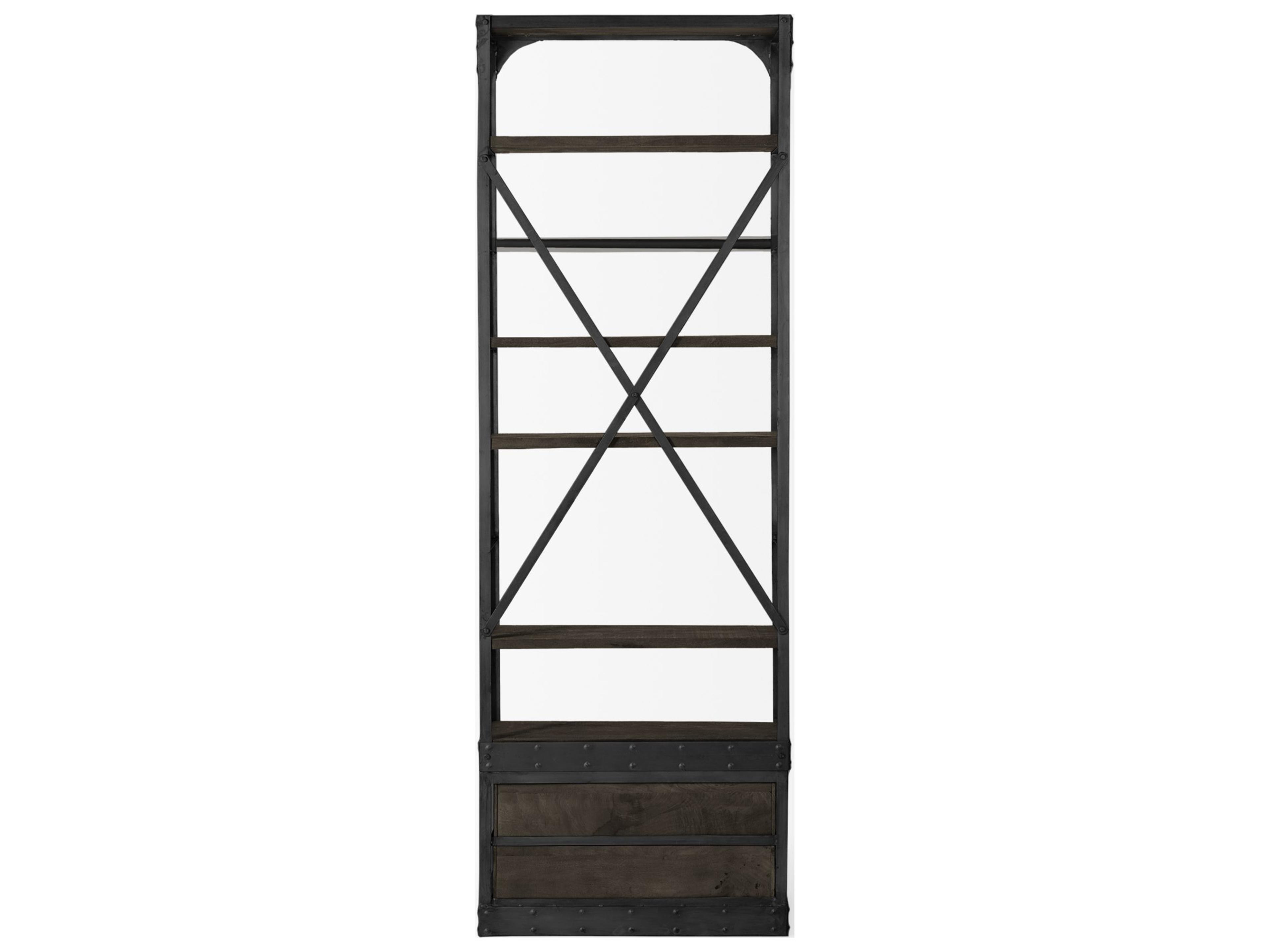 Mercana Brodie VII 32L x 22W x 94H Brown Wood Gun-Metal Bracing Four Shelf Shelving Unit