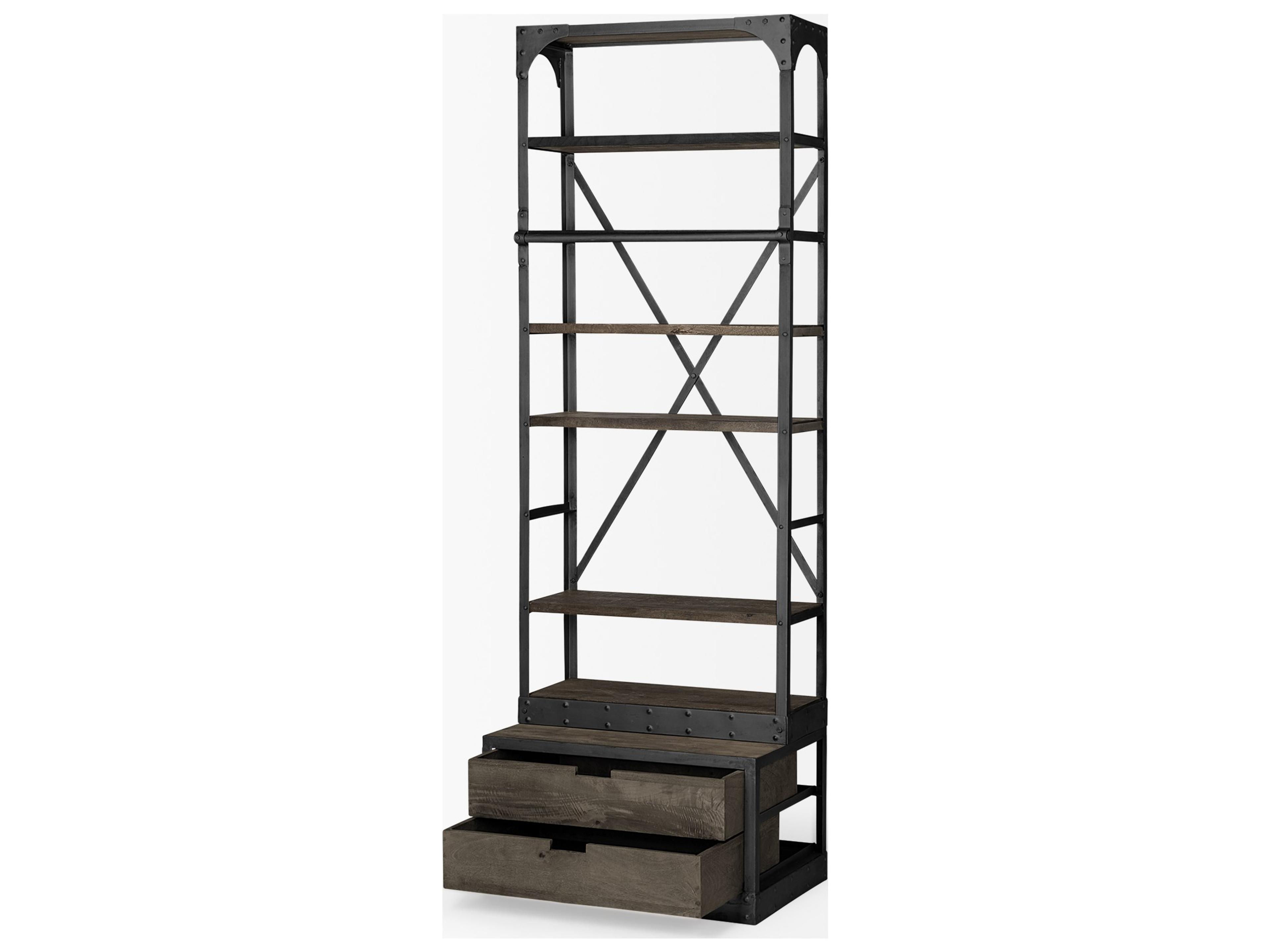 Mercana Brodie VII 32L x 22W x 94H Brown Wood Gun-Metal Bracing Four Shelf Shelving Unit