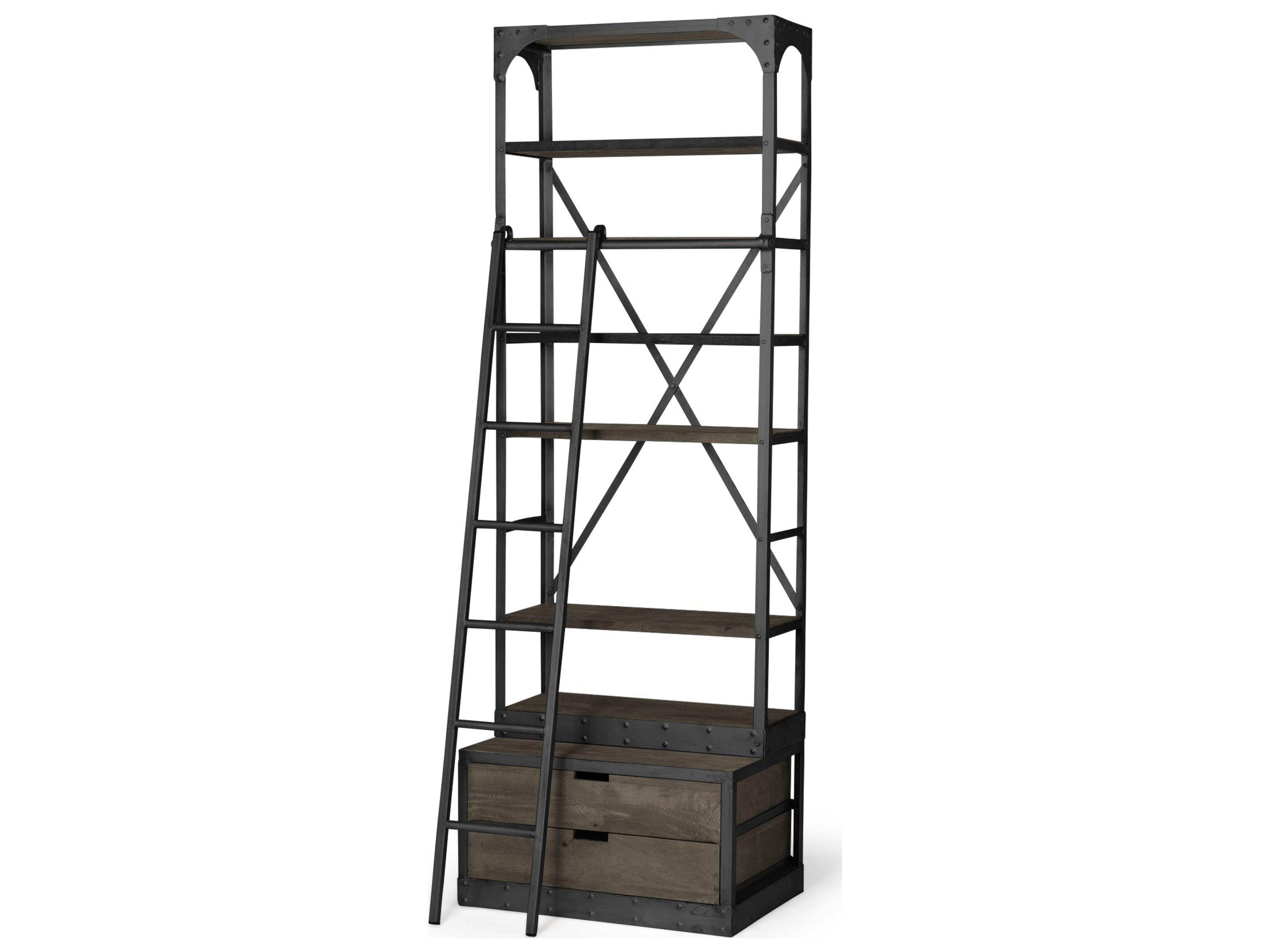 Brodie VII 32L x 22W x 94H Brown Wood Gun-Metal Bracing Four Shelf Shelving Unit