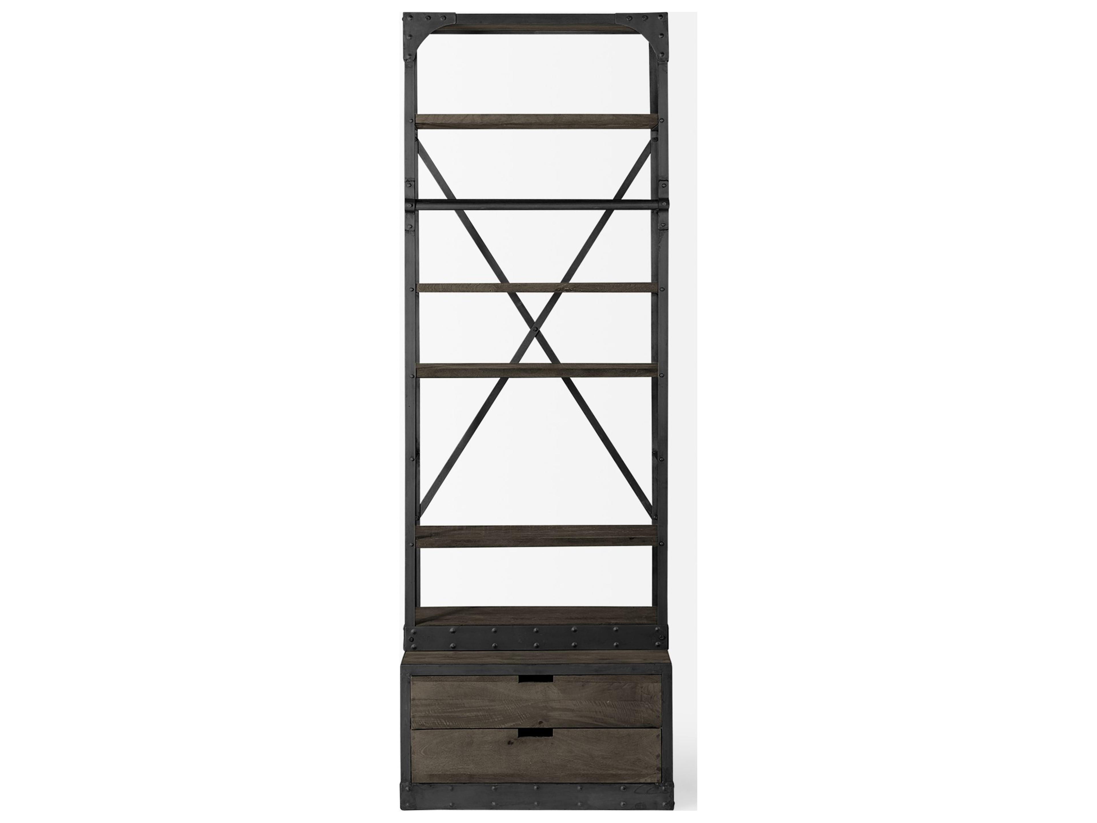 Mercana Brodie VII 32L x 22W x 94H Brown Wood Gun-Metal Bracing Four Shelf Shelving Unit