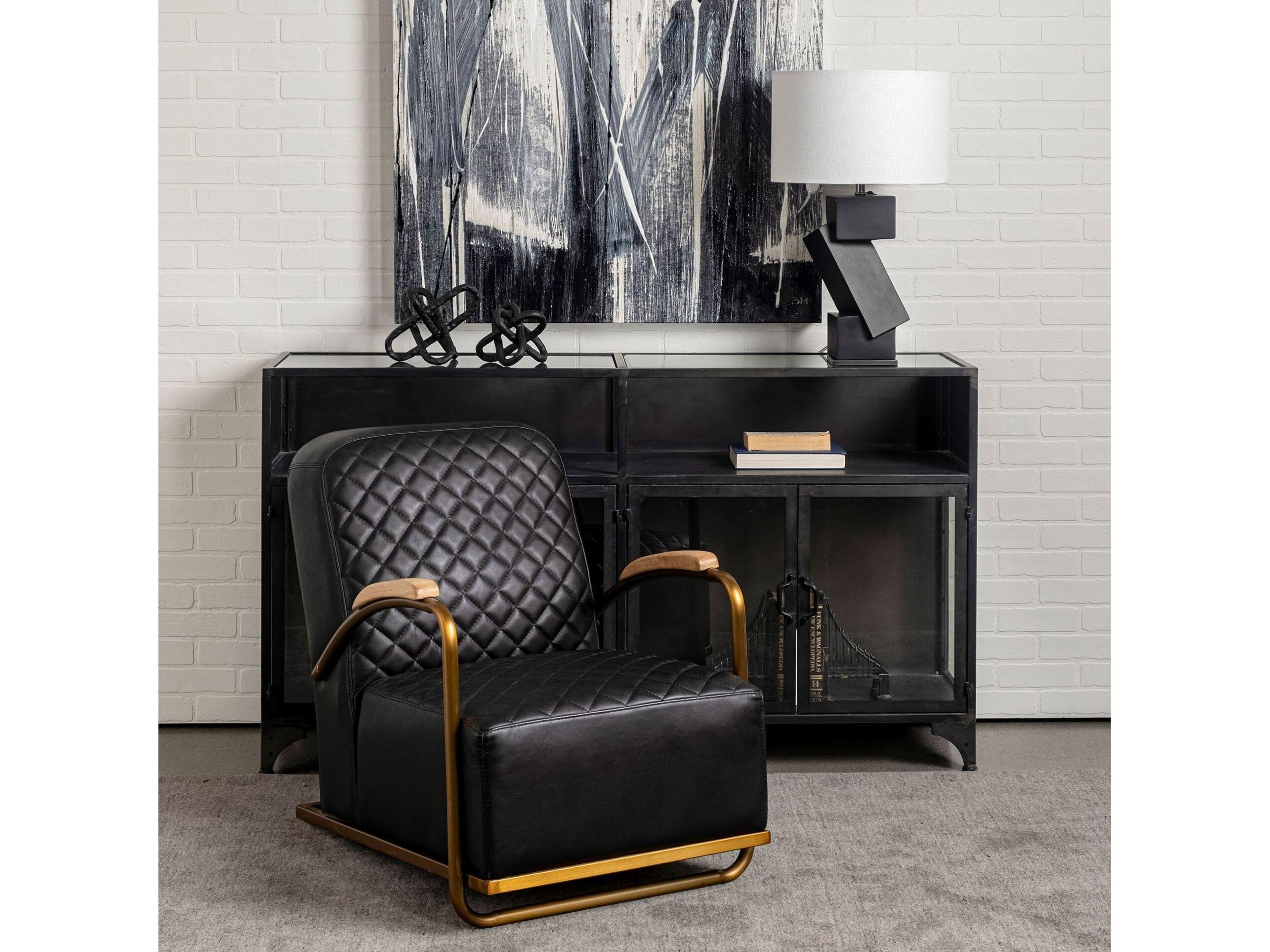 Mercana Horace I Black Leather Diamond Pattern w/Gold Iron Frame Accent Chair