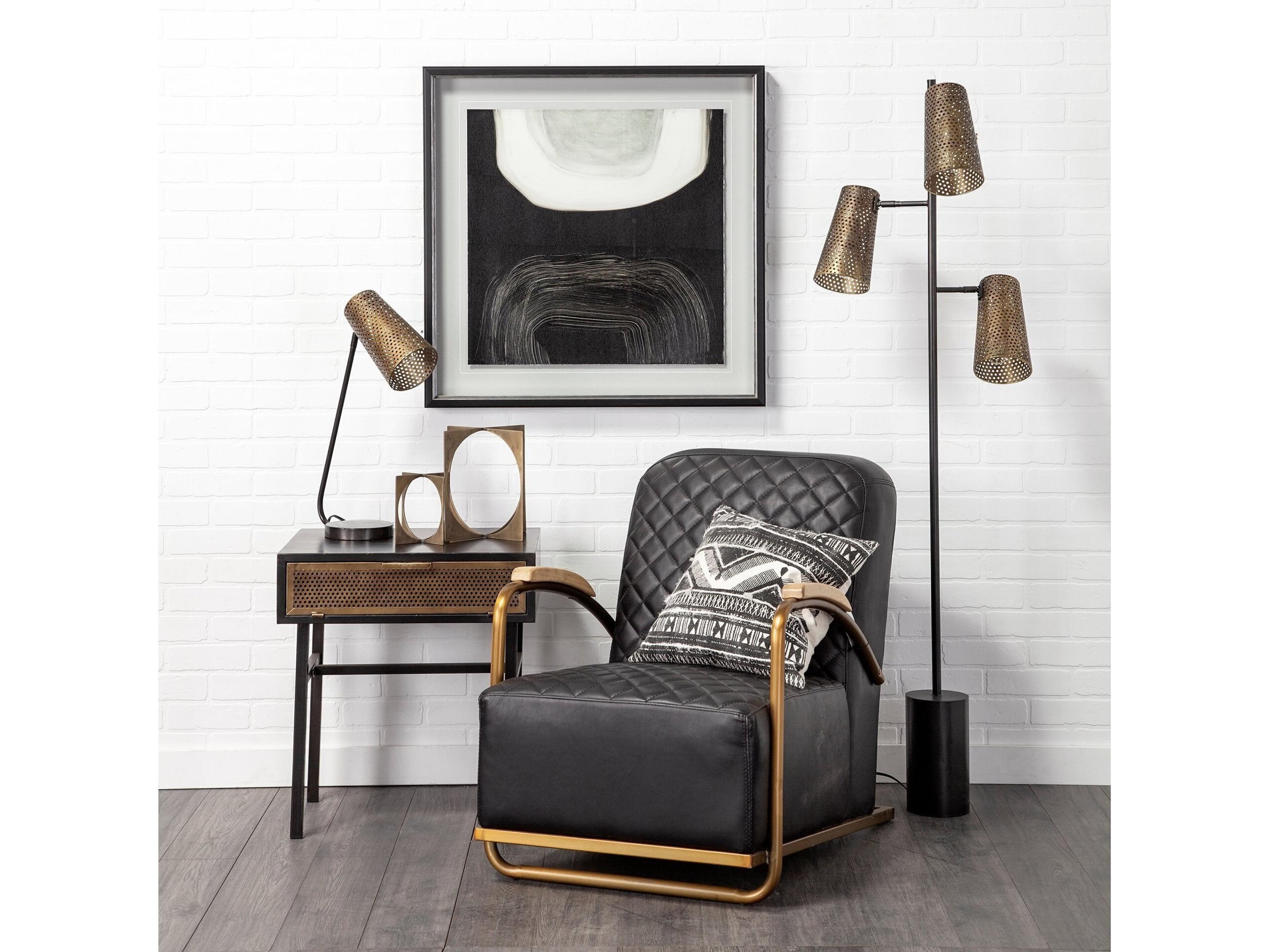 Mercana Horace I Black Leather Diamond Pattern w/Gold Iron Frame Accent Chair