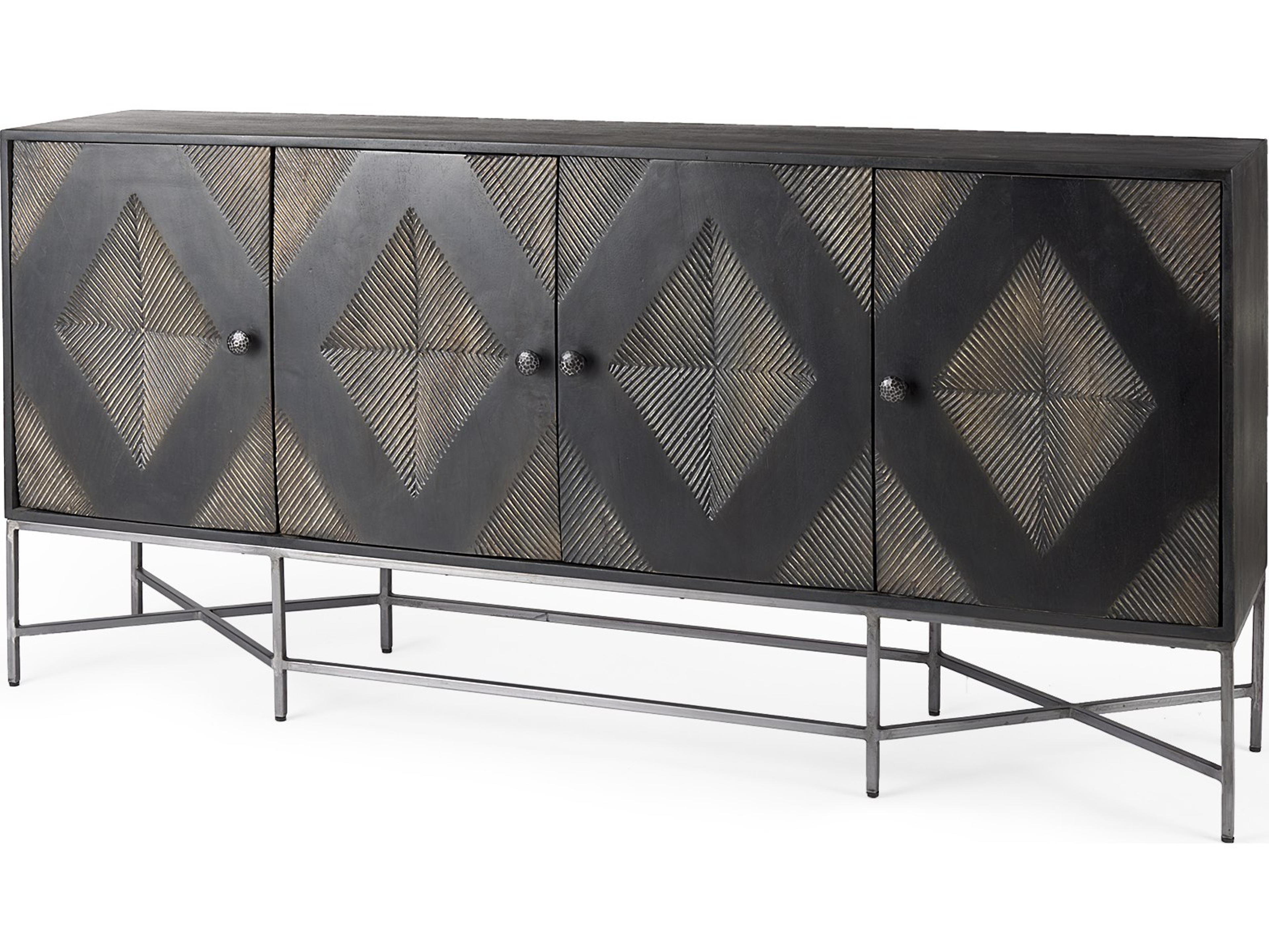 Hogarth I 72x15 Two-Tone Brown Solid Wood Base Silver Frame 4 Cabinet Sideboard