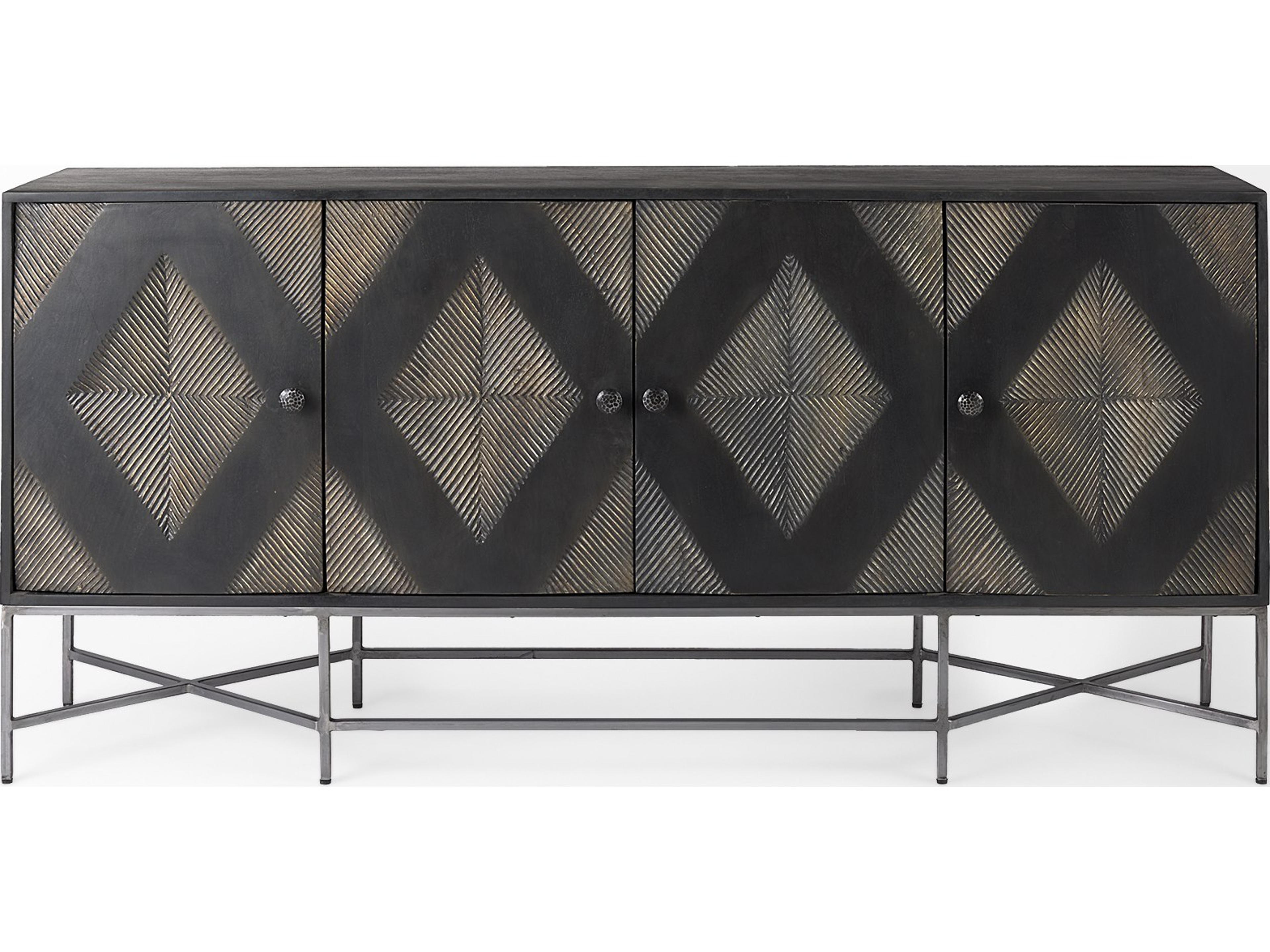 Mercana Hogarth I 72x15 Two-Tone Brown Solid Wood Base Silver Frame 4 Cabinet Sideboard