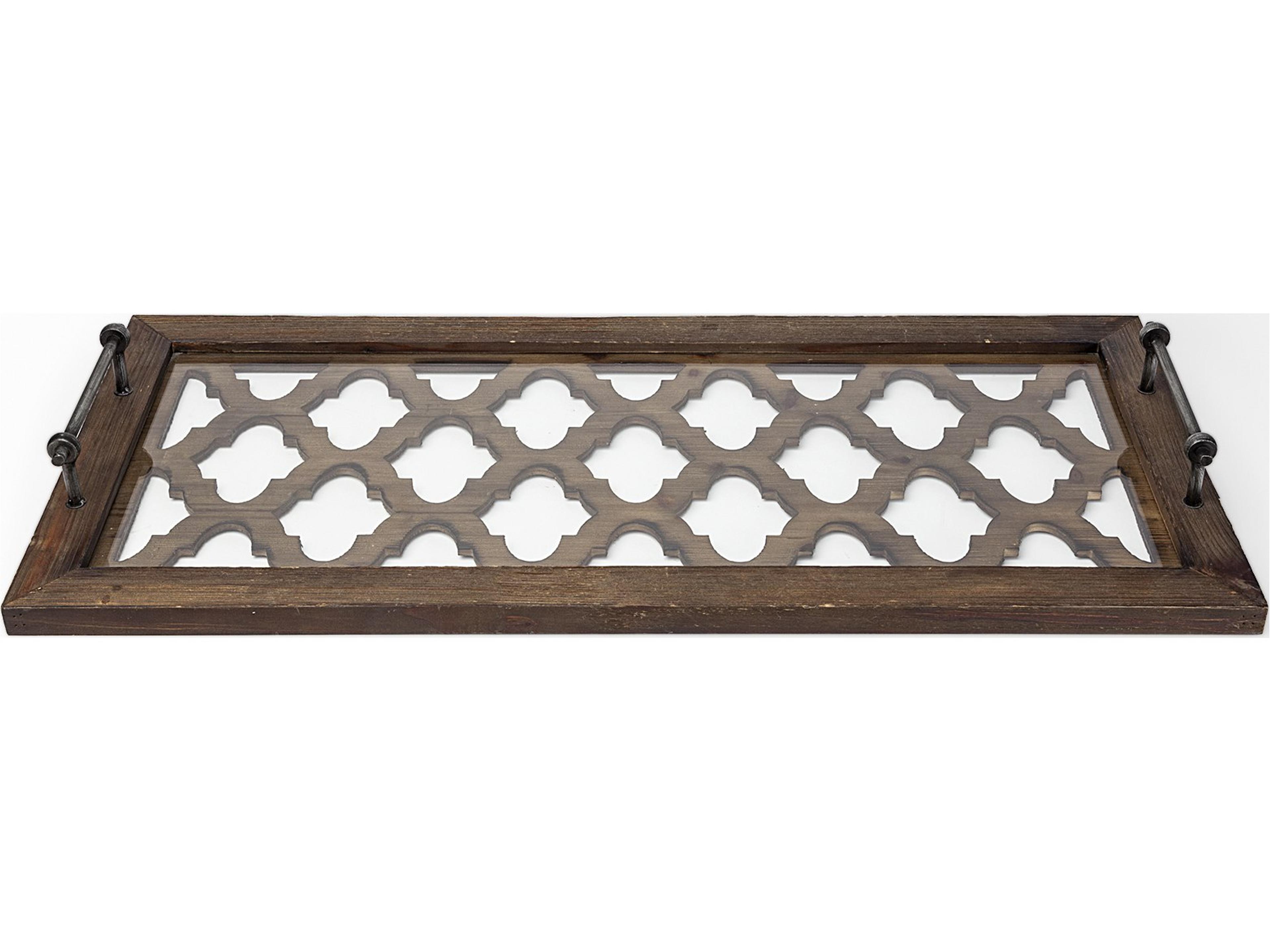 Mercana Stotonic 35L x 16W Brown Wood W Glass Top Rectangular Serving Tray