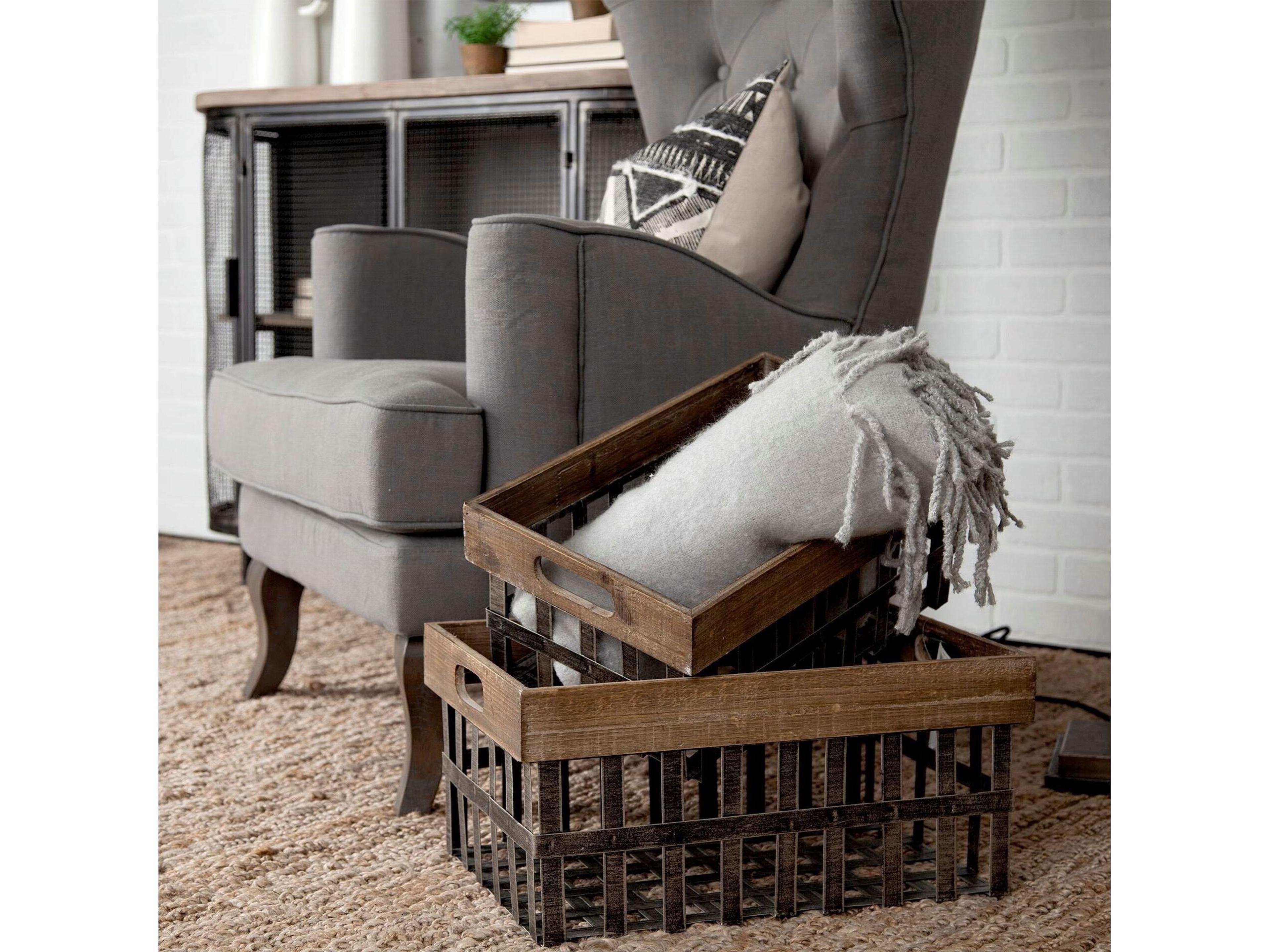 Mercana Chartrand Set of 2 Wood And Metal Open Crate Style Baskets