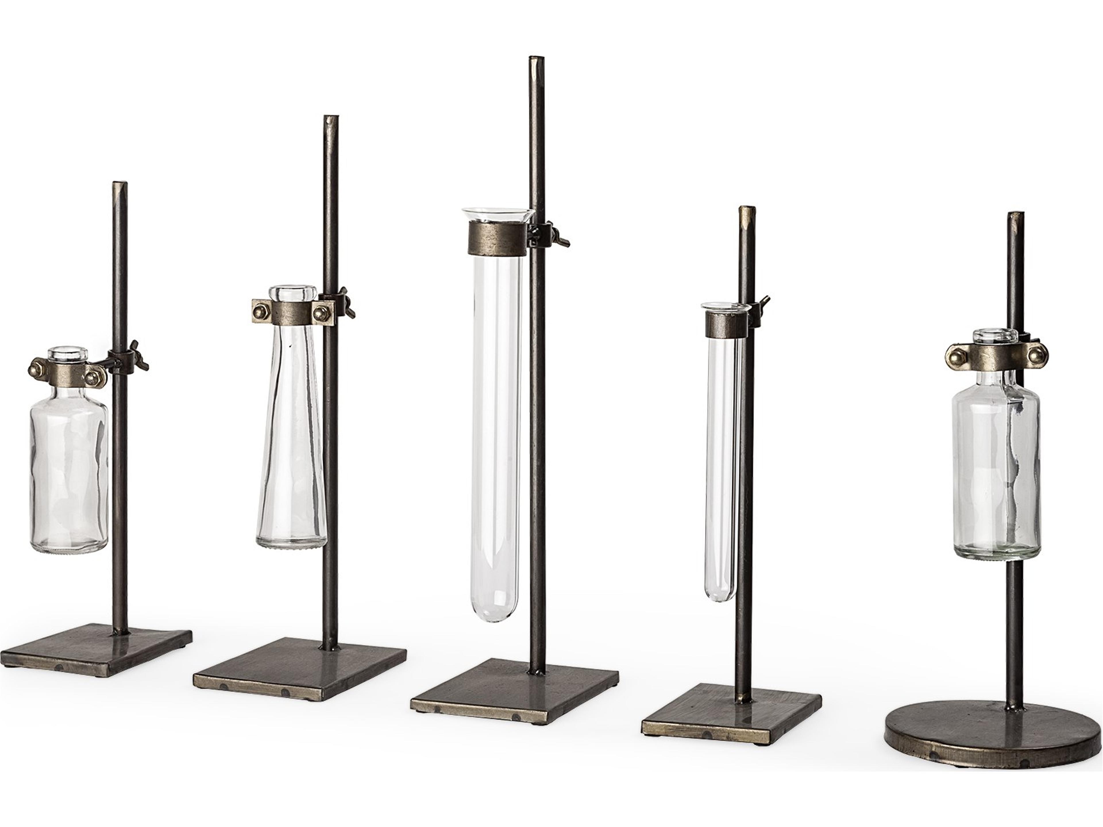 Mercana Jarvis Set of Five Dark Brown Metal and Glass Chemistry Inspired Bottles