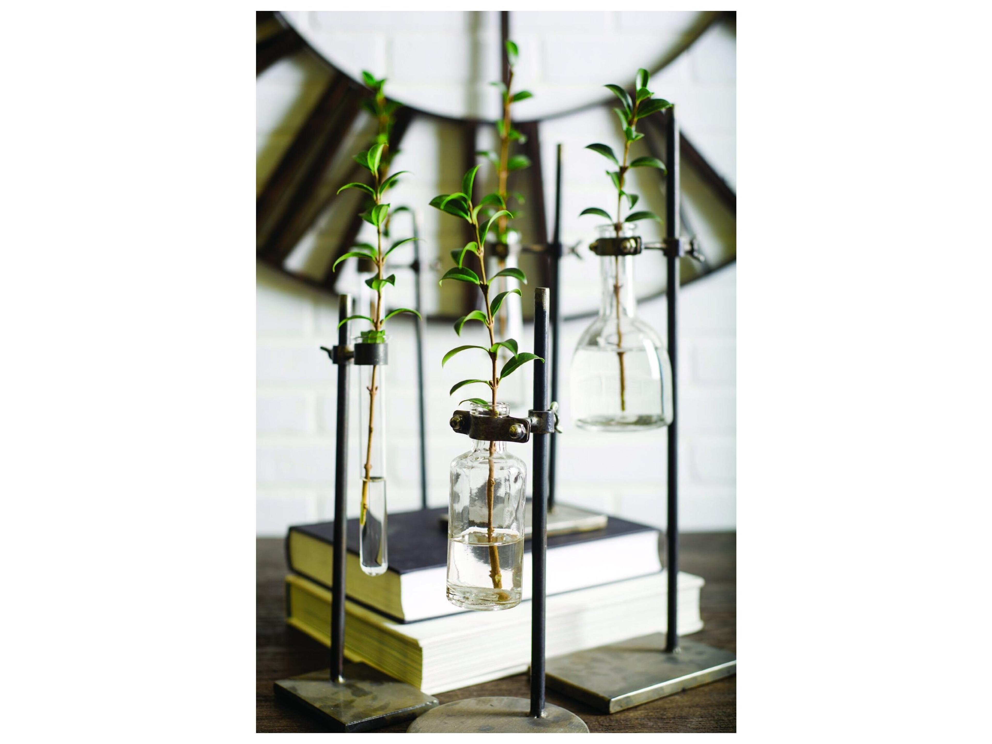 Mercana Jarvis Set of Five Dark Brown Metal and Glass Chemistry Inspired Bottles