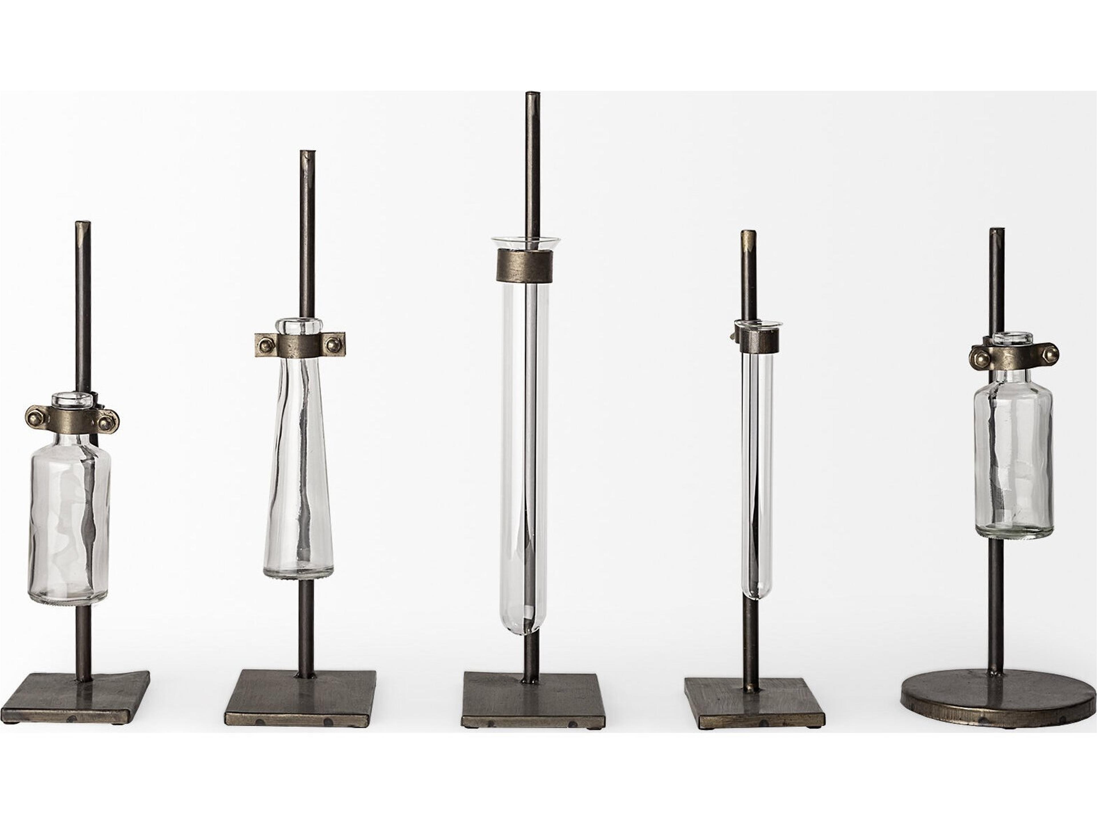 Mercana Jarvis Set of Five Dark Brown Metal and Glass Chemistry Inspired Bottles