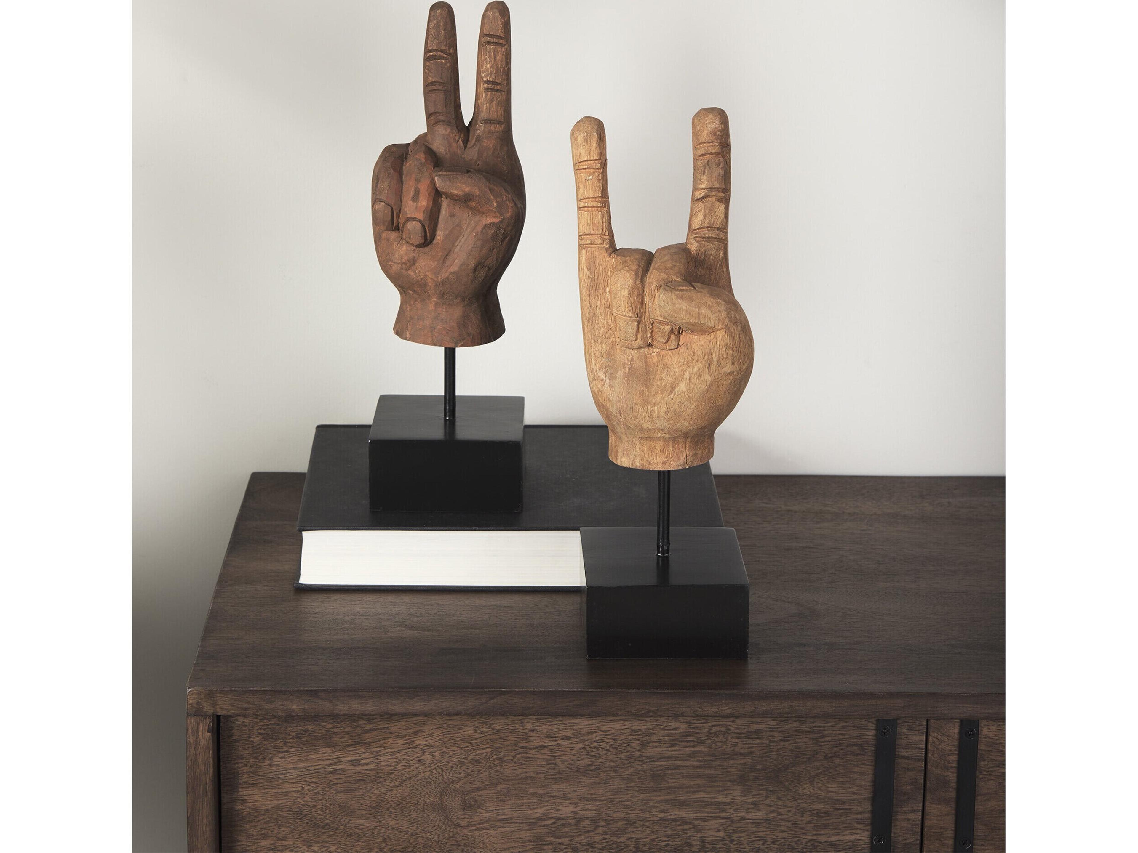 Mercana Pacem 4L x 4W Natural Wooden Carved Peace Sign Hand