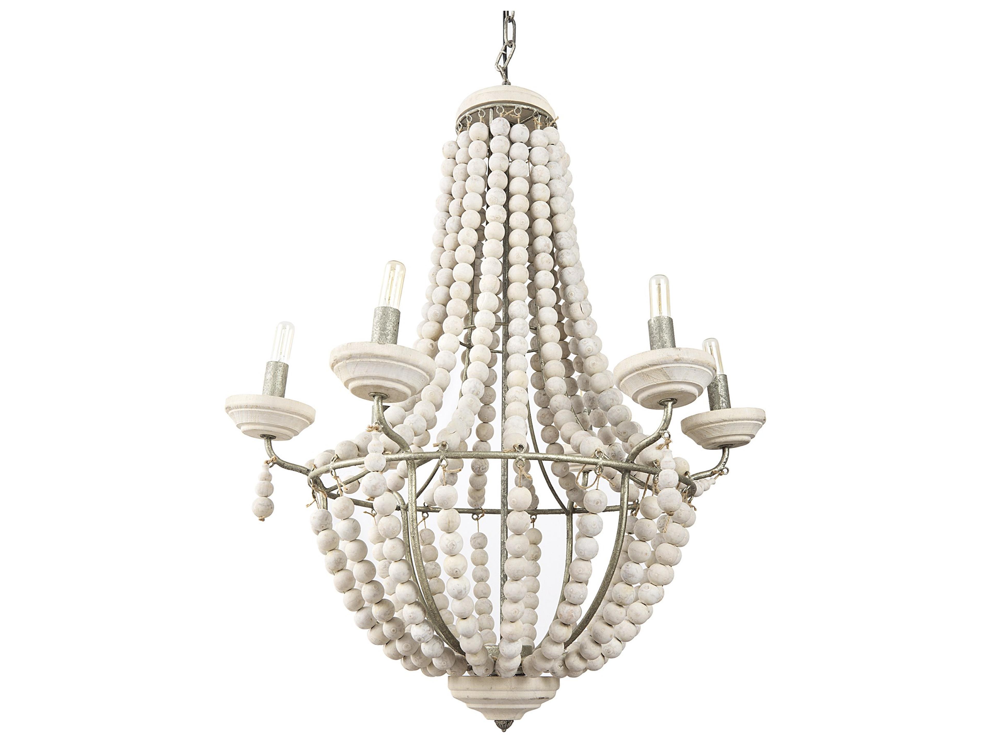 Mercana Phillum (29"x37") Silver Metal Chassis and White Wood Beaded Six Bulb Chandelier