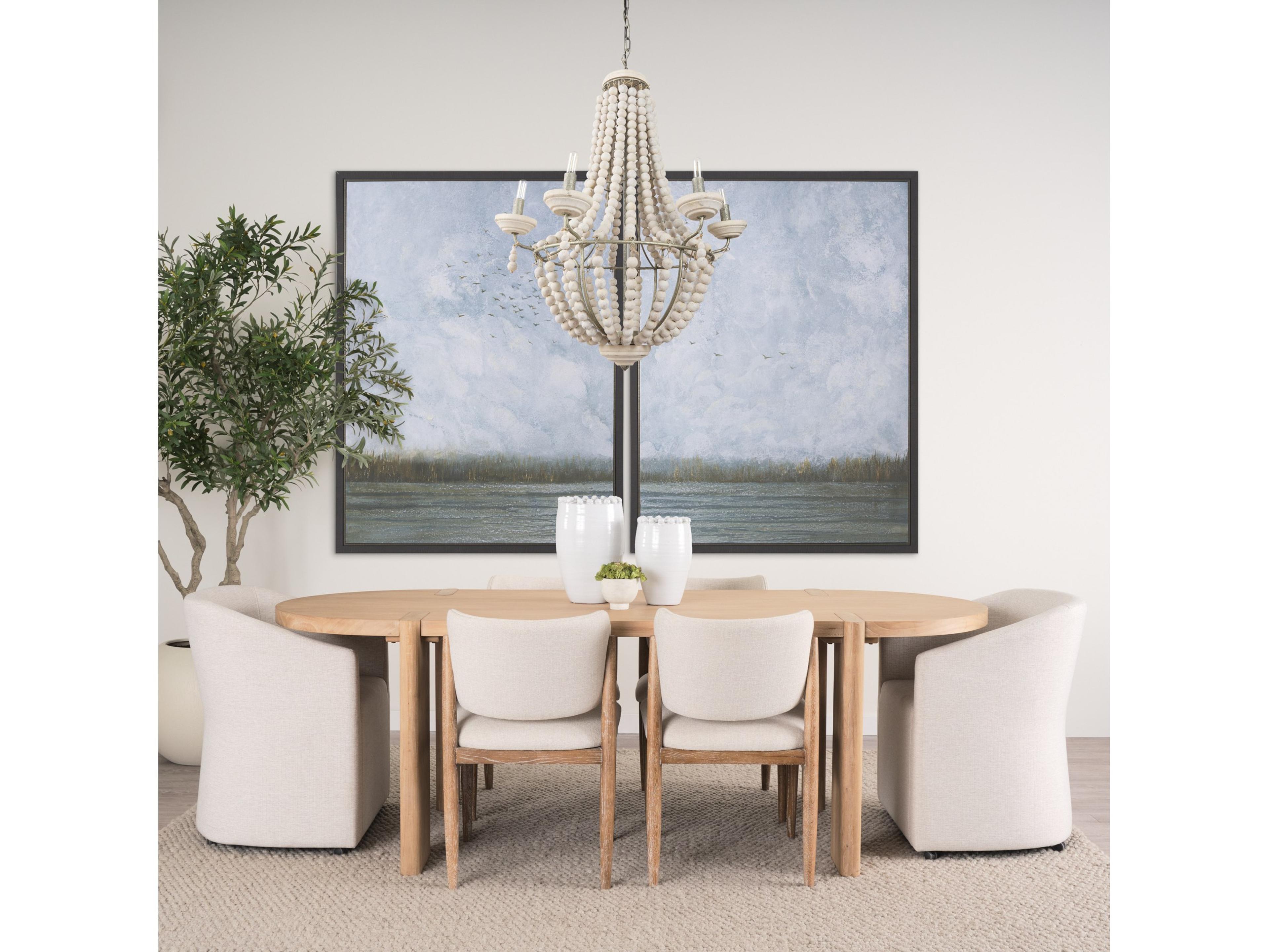 Mercana Phillum (29"x37") Silver Metal Chassis and White Wood Beaded Six Bulb Chandelier