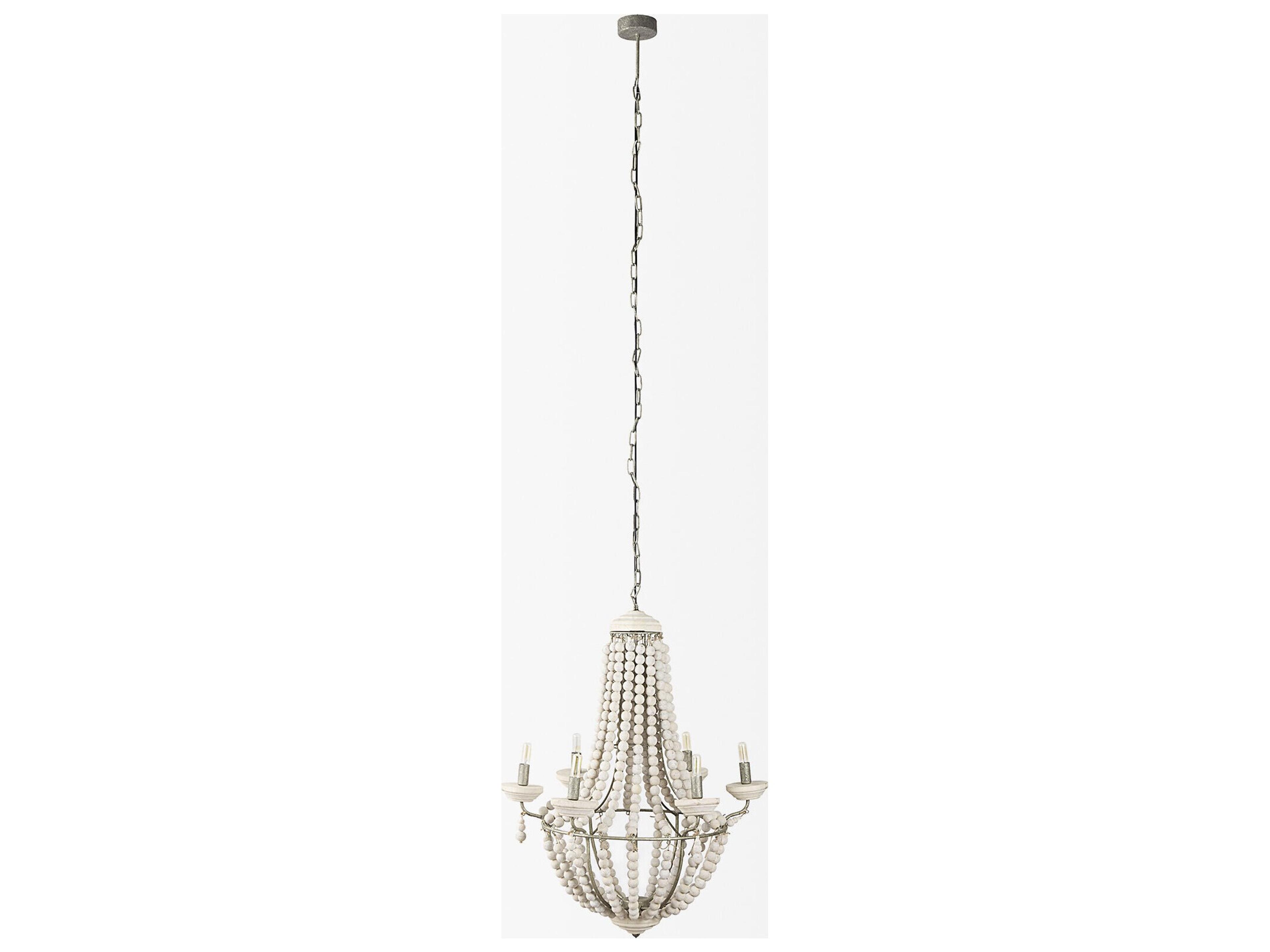 Mercana Phillum (29"x37") Silver Metal Chassis and White Wood Beaded Six Bulb Chandelier