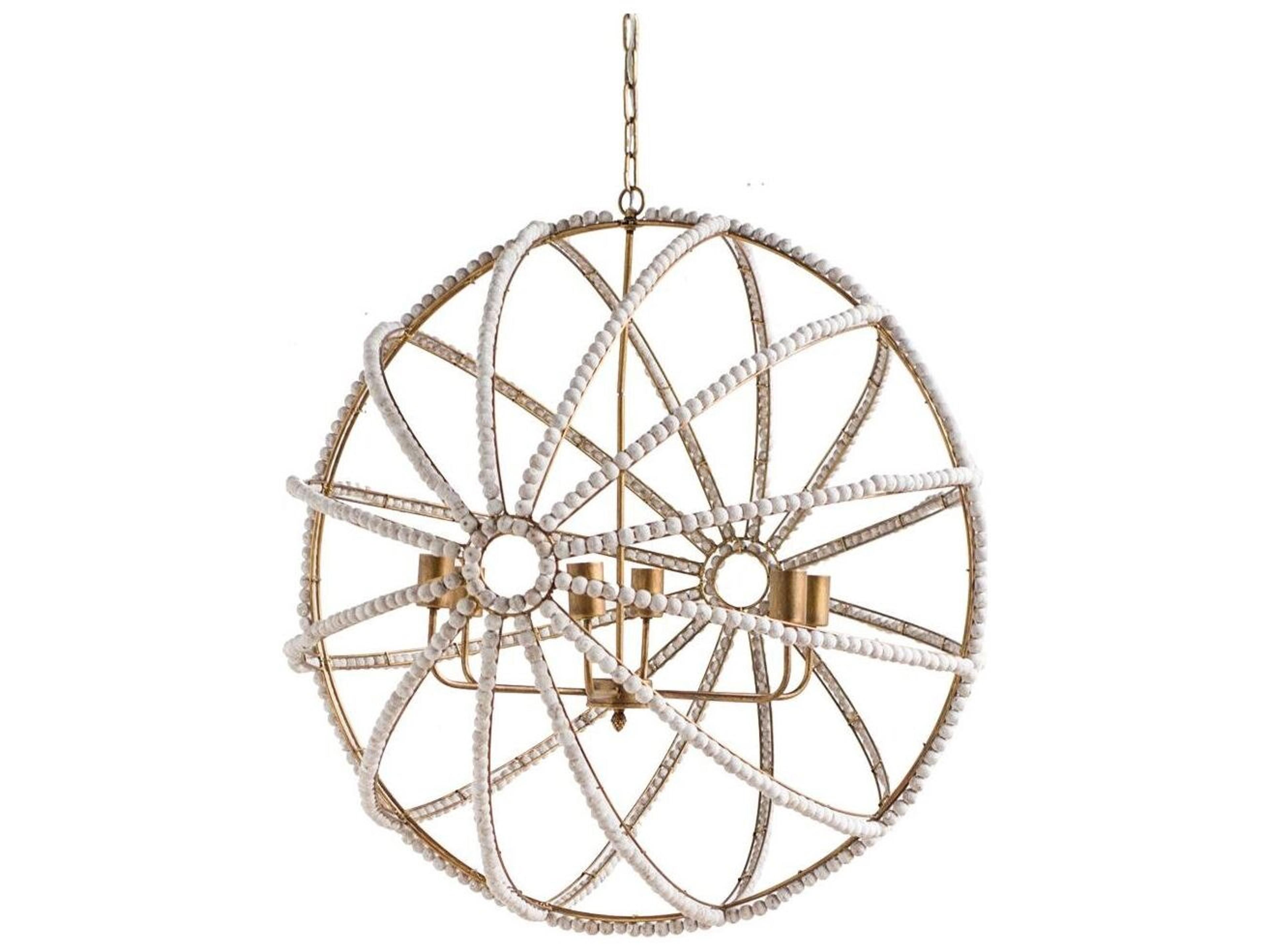 Mercana Ava White (34"D) Gold Metal and White Wood Beaded Six Bulb Chandelier