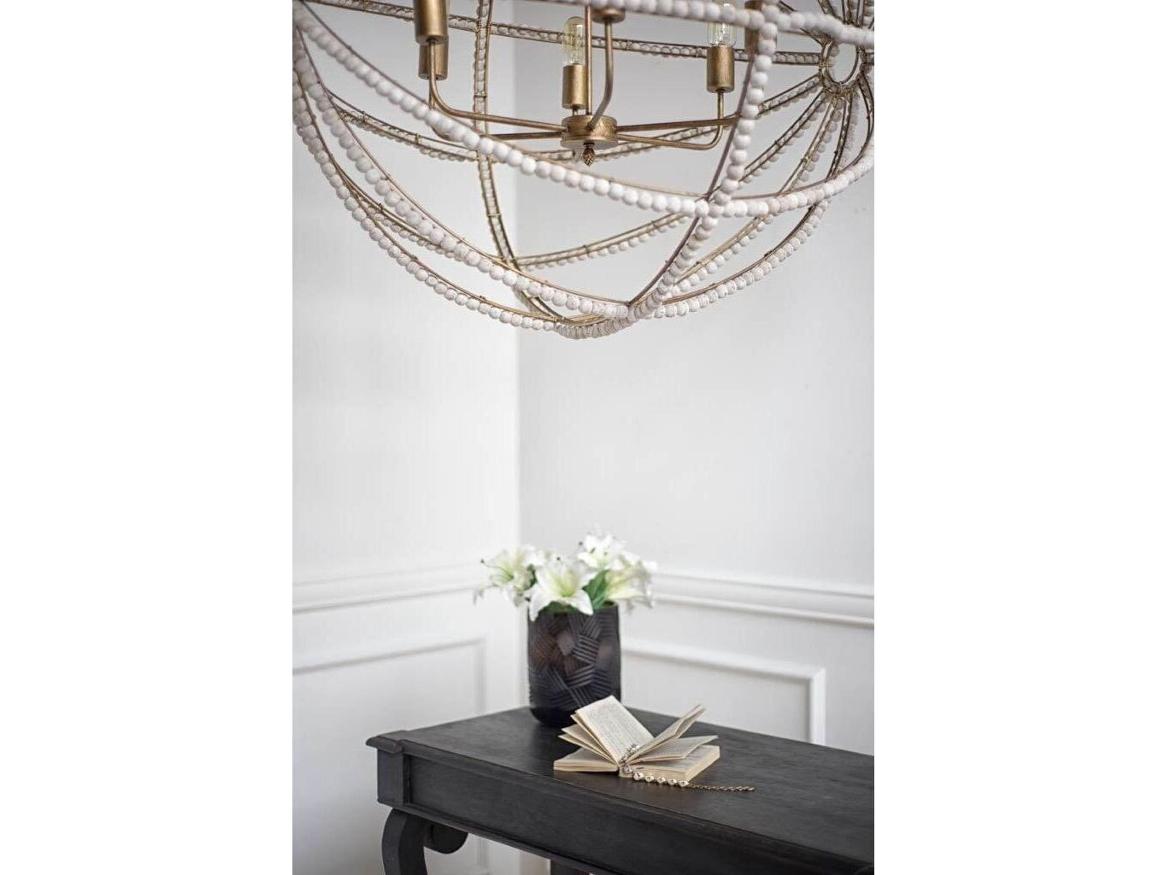 Mercana Ava White (34"D) Gold Metal and White Wood Beaded Six Bulb Chandelier