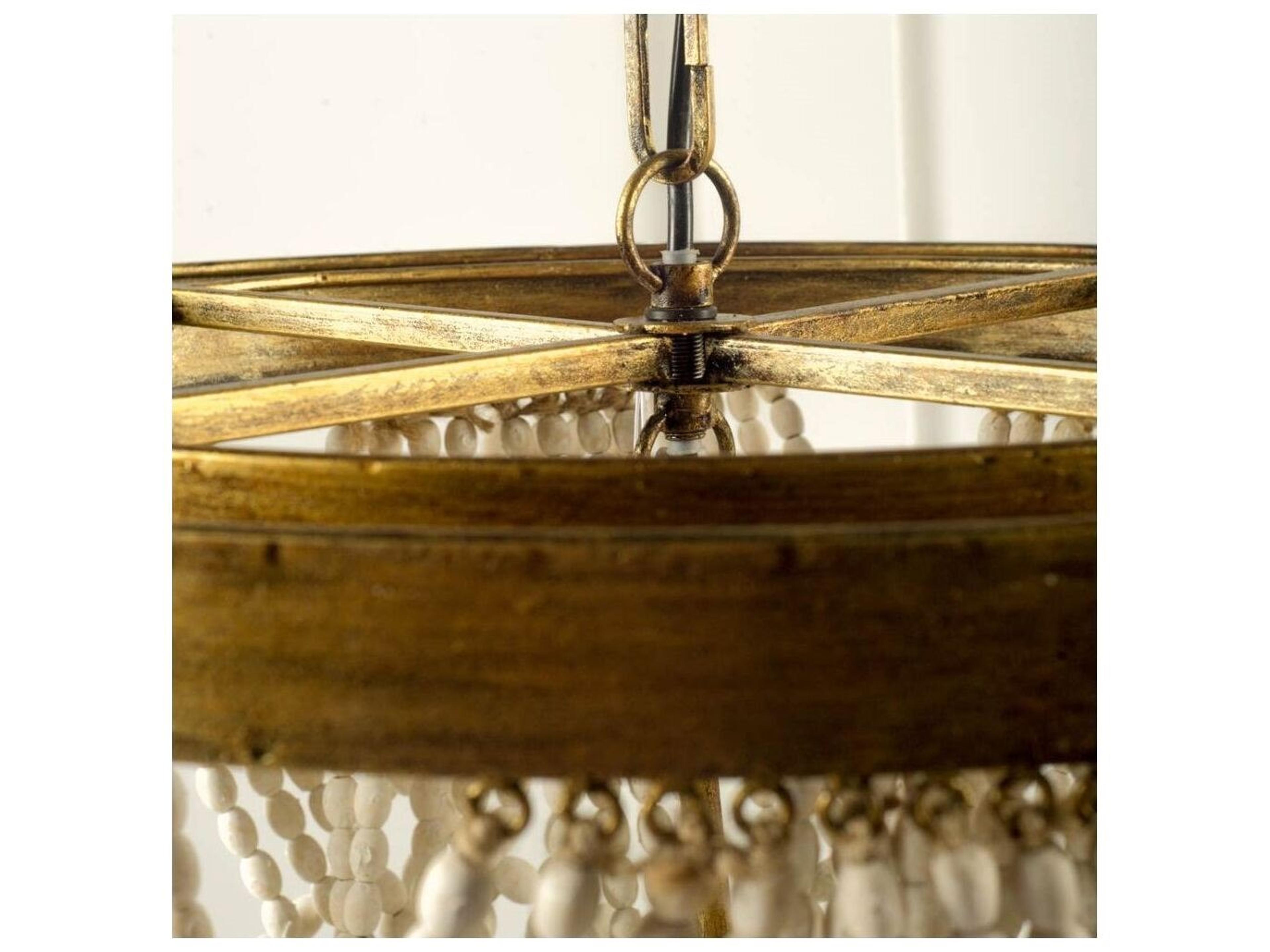 Mercana Pendra (26"x23") Gold Metal Whitewashed Wooden Bead Three Bulb Chandelier