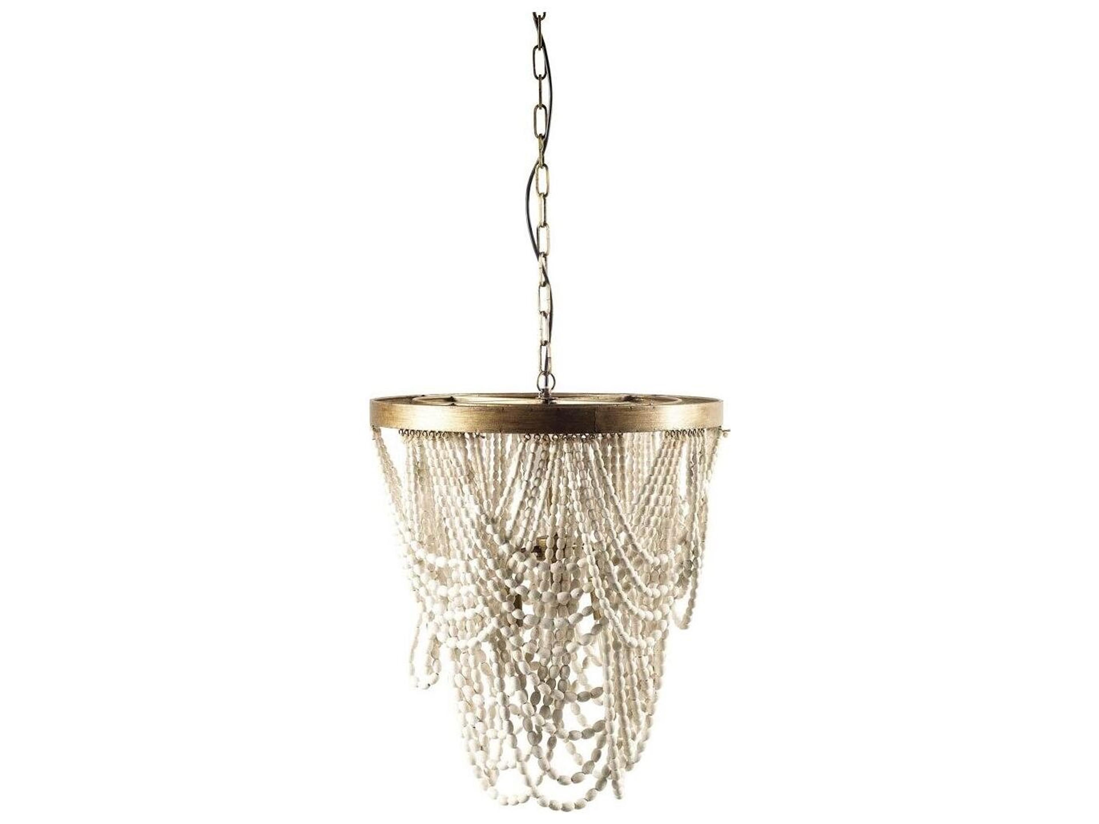 Pendra (26"x23") Gold Metal Whitewashed Wooden Bead Three Bulb Chandelier