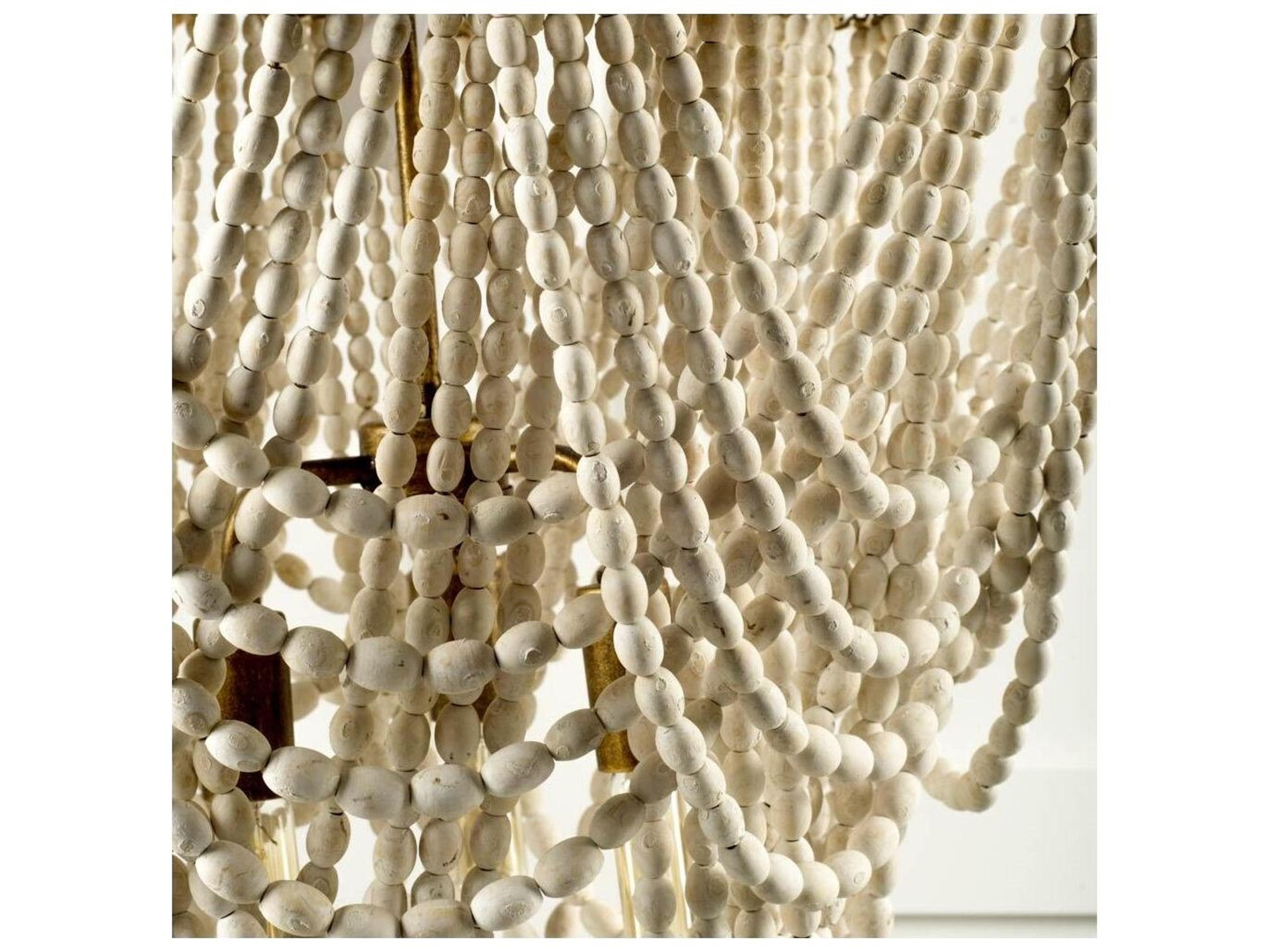 Mercana Pendra (26"x23") Gold Metal Whitewashed Wooden Bead Three Bulb Chandelier