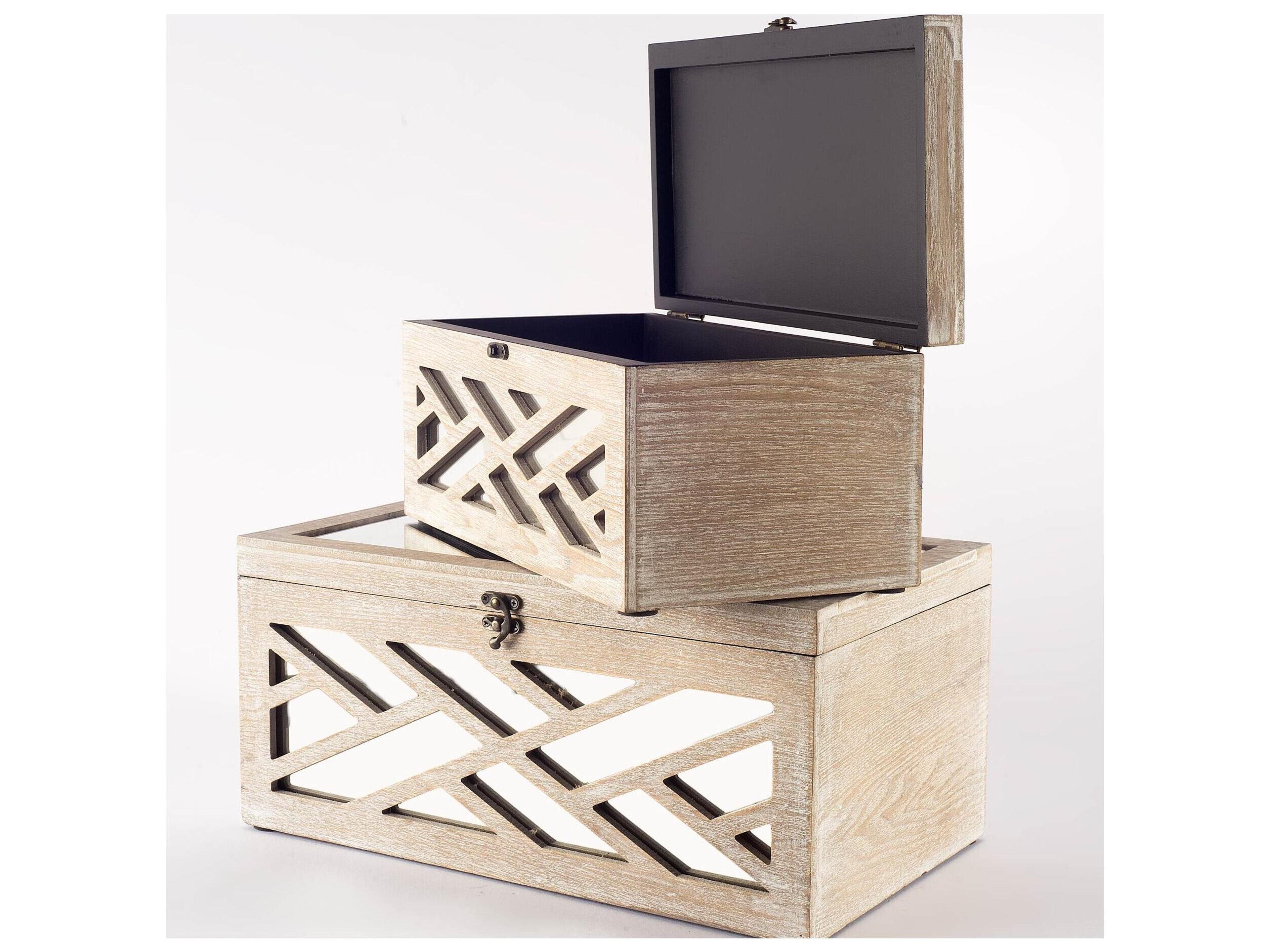 Mercana Tiffany (Set of 2) Off-White Wooden W/ Mirror Inlay Chevron Boxes