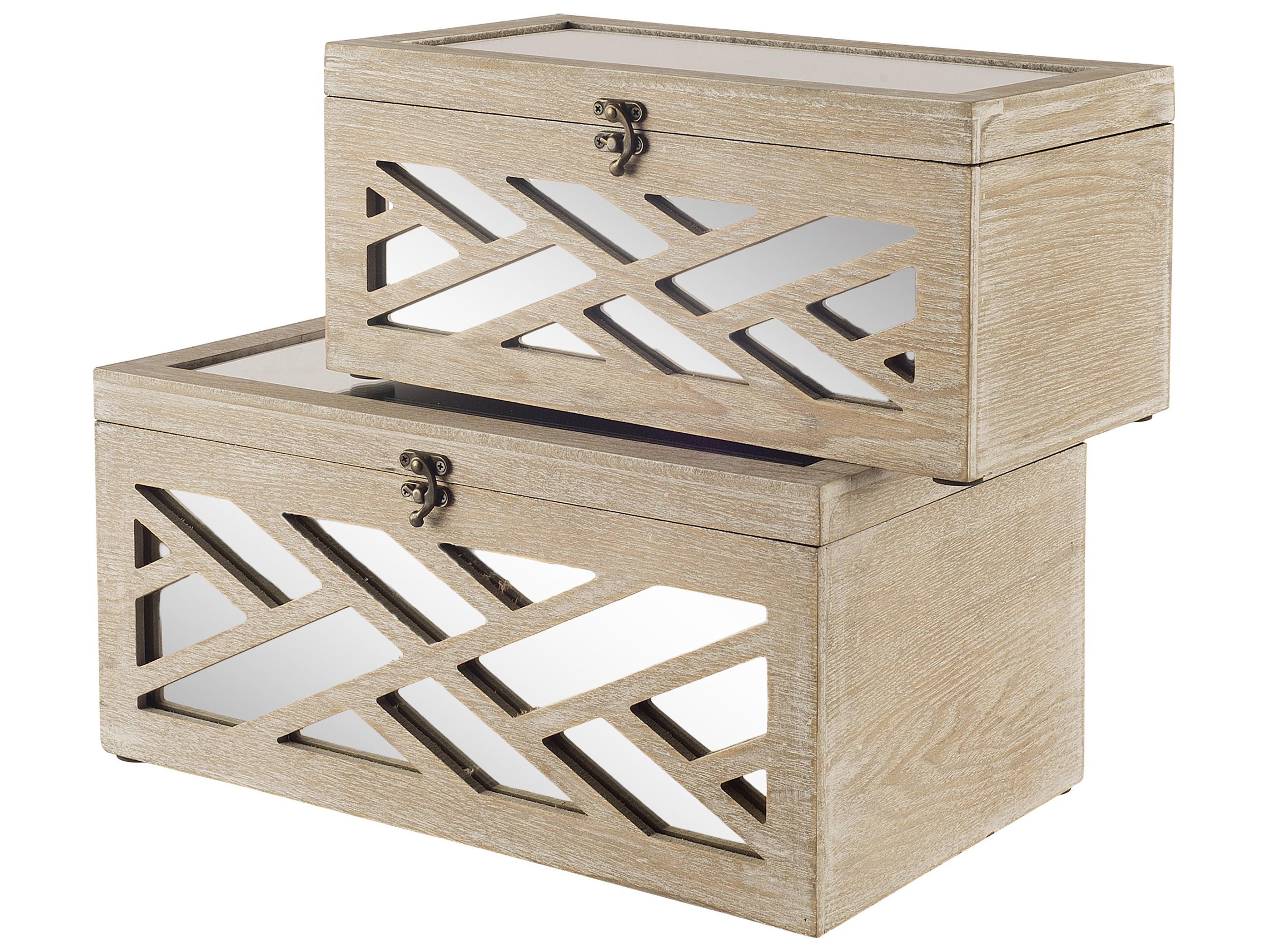Mercana Tiffany (Set of 2) Off-White Wooden W/ Mirror Inlay Chevron Boxes