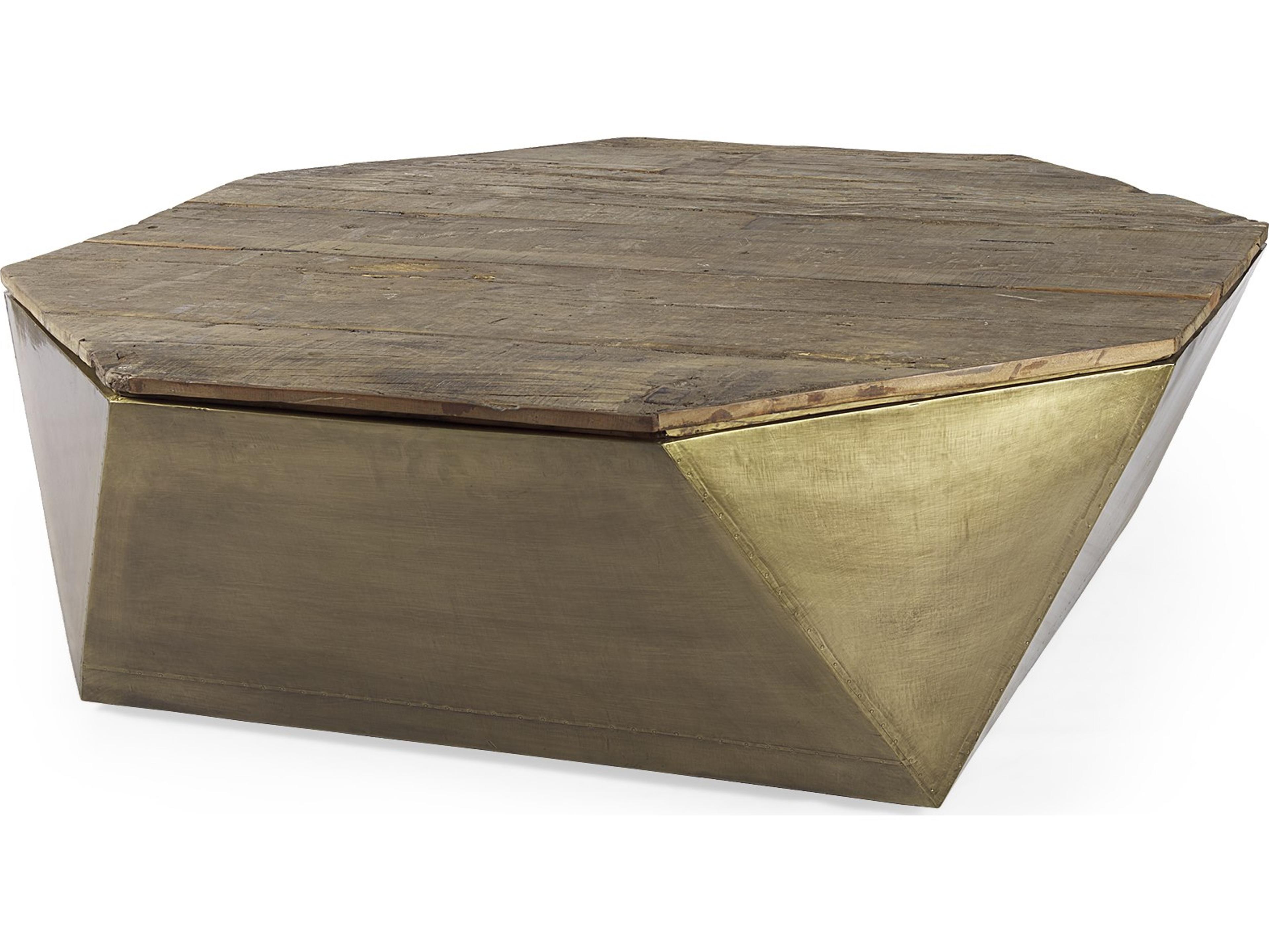 Esagono Octagonal Gold Metal-Clad Reclaimed Wood Coffee Table w/ Storage