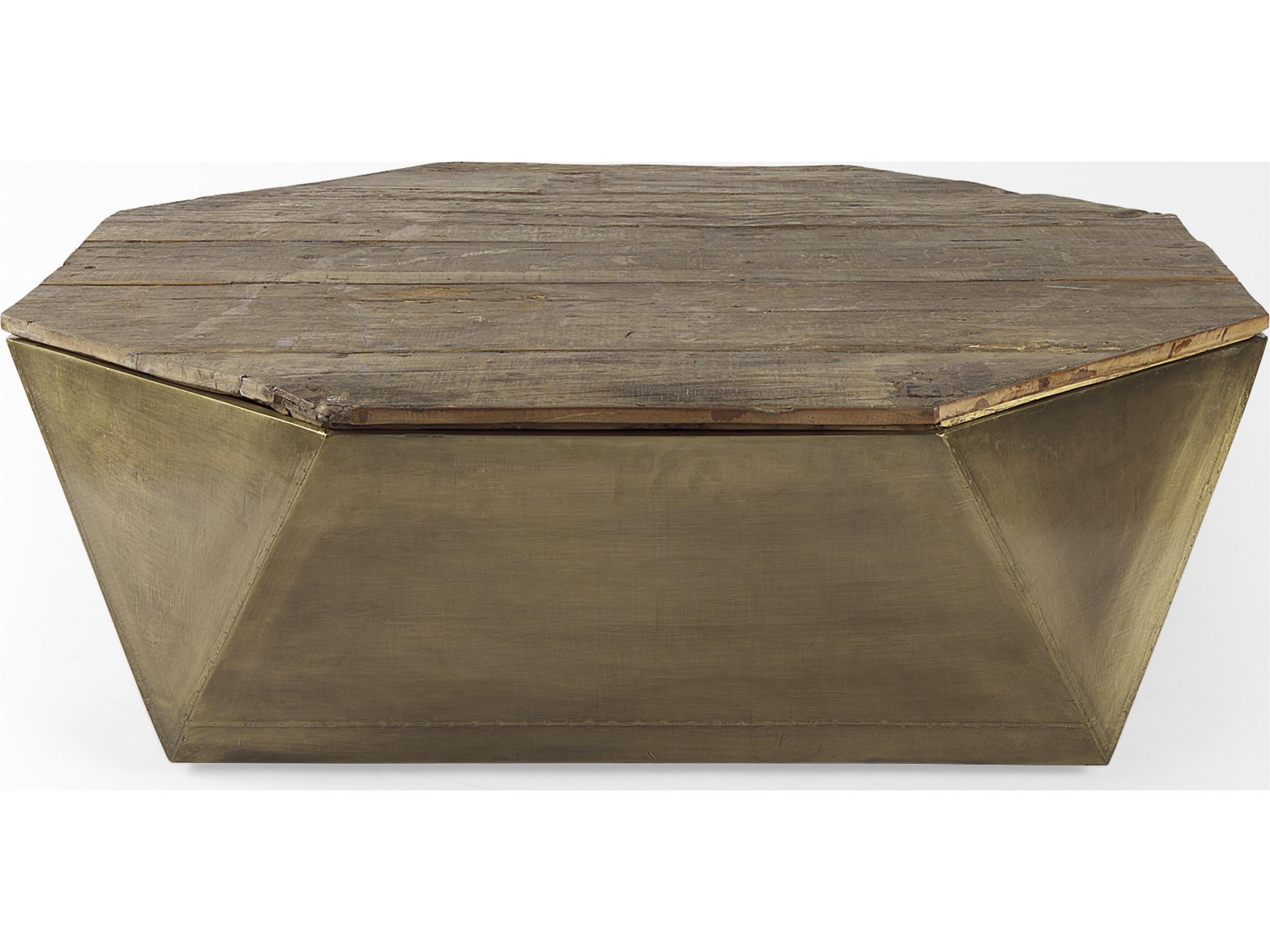 Mercana Esagono Octagonal Gold Metal-Clad Reclaimed Wood Coffee Table w/ Storage