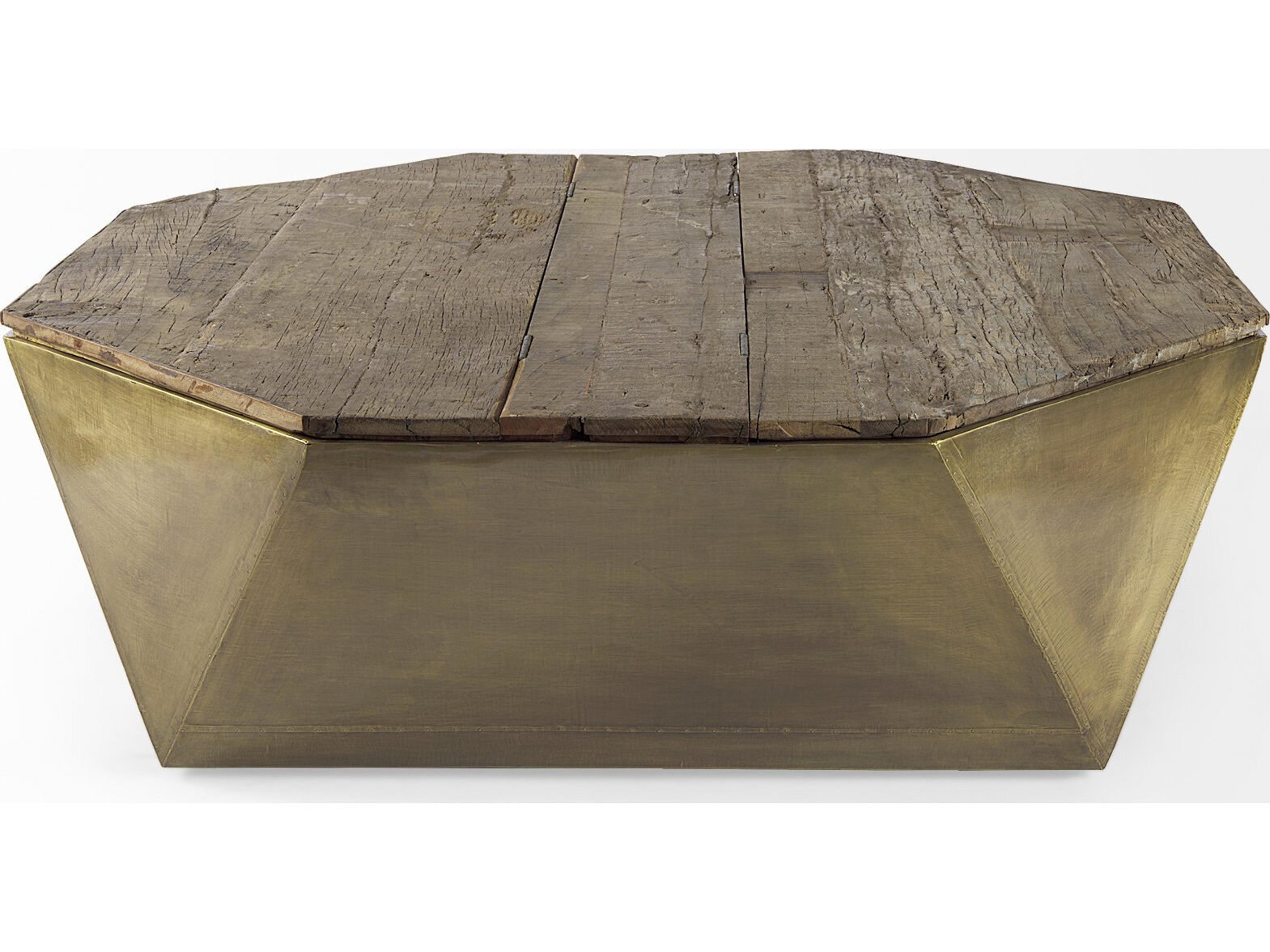 Mercana Esagono Octagonal Gold Metal-Clad Reclaimed Wood Coffee Table w/ Storage