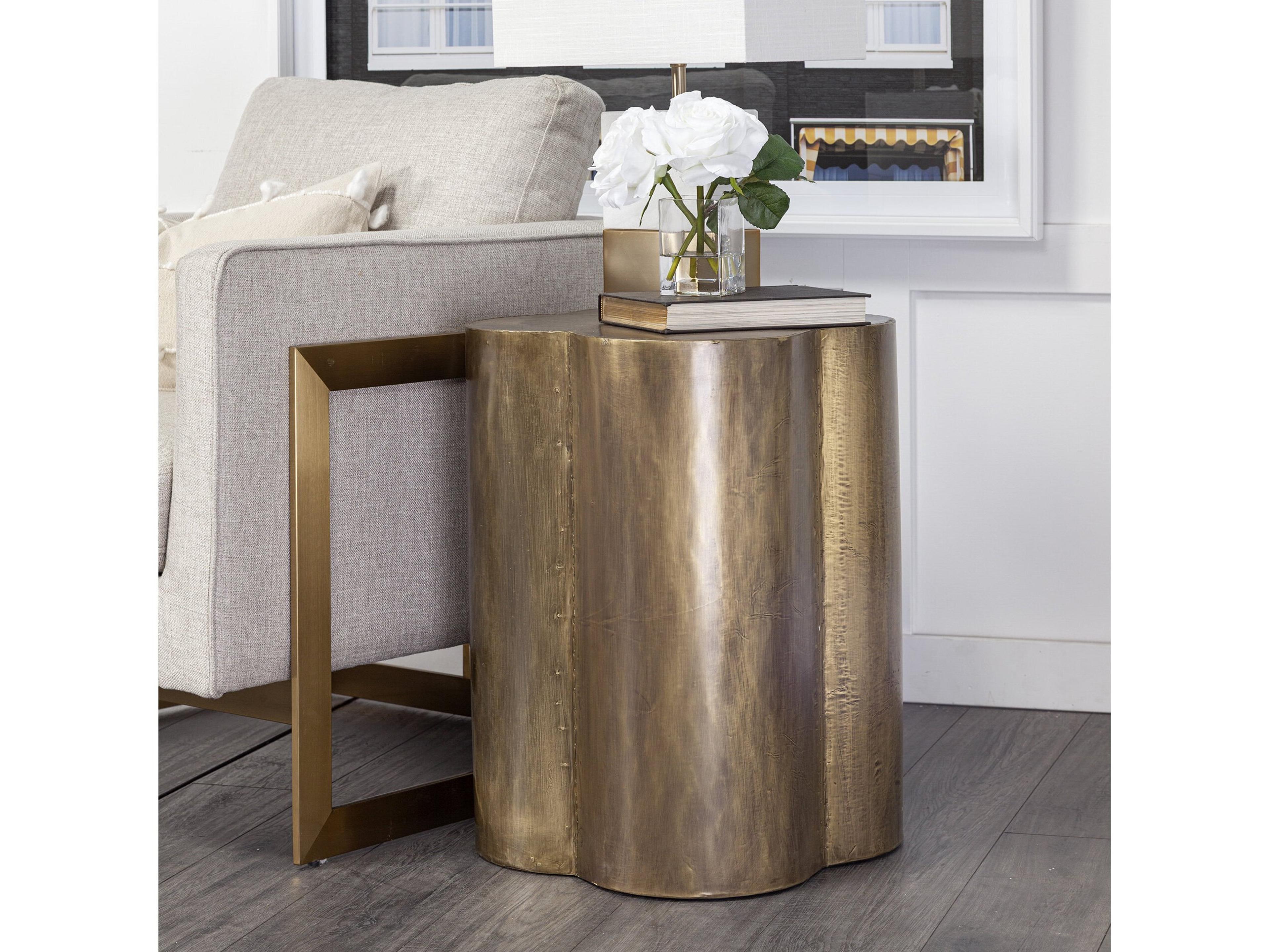 Mercana Quatrefoil 18L x 18W Gold Flower W/ Wooden Top Brass Cladding Accent Table