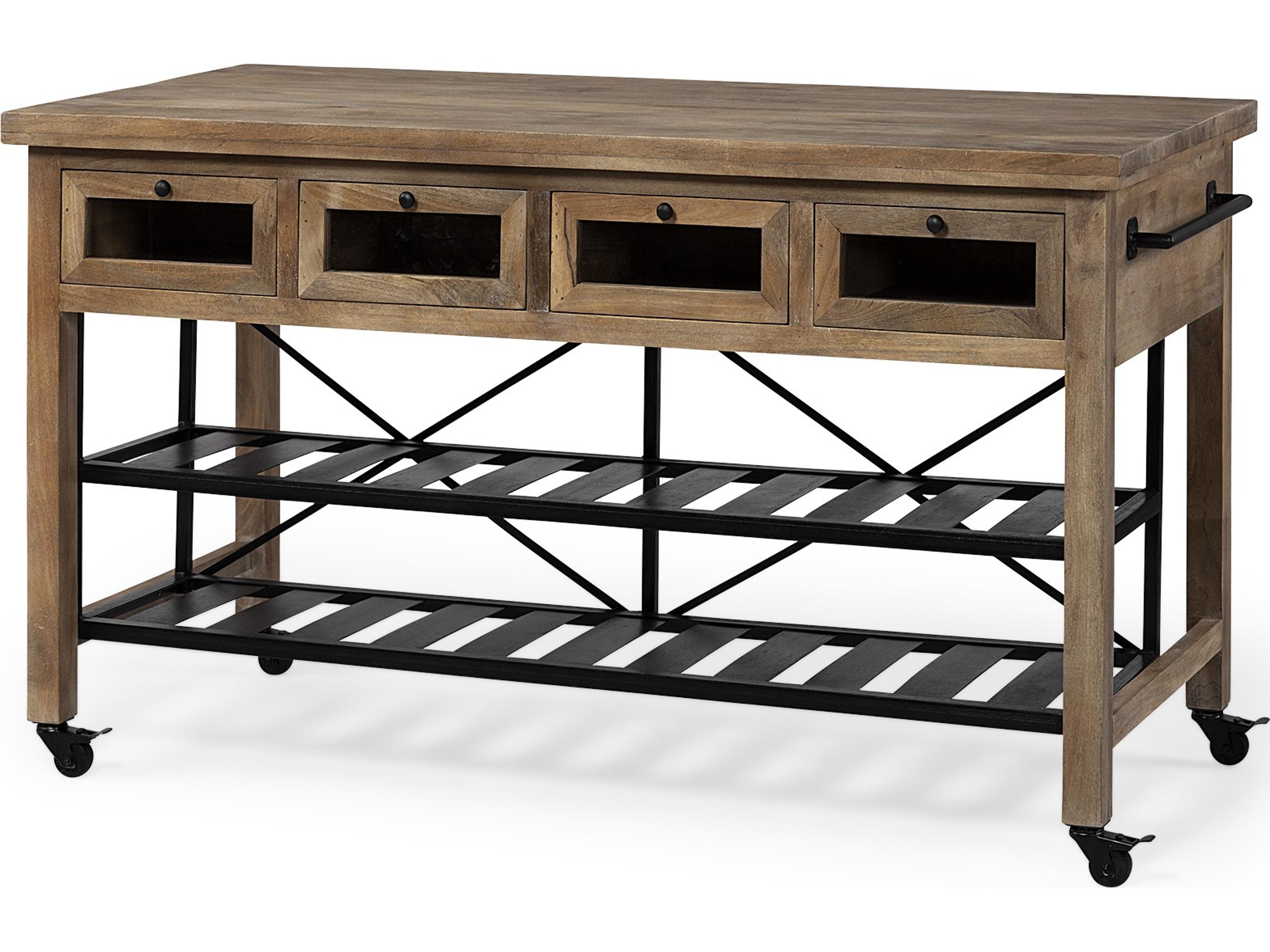 Stuart I Brown Solid Wood Top Two-Tier Black Metal Rolling Kitchen Island