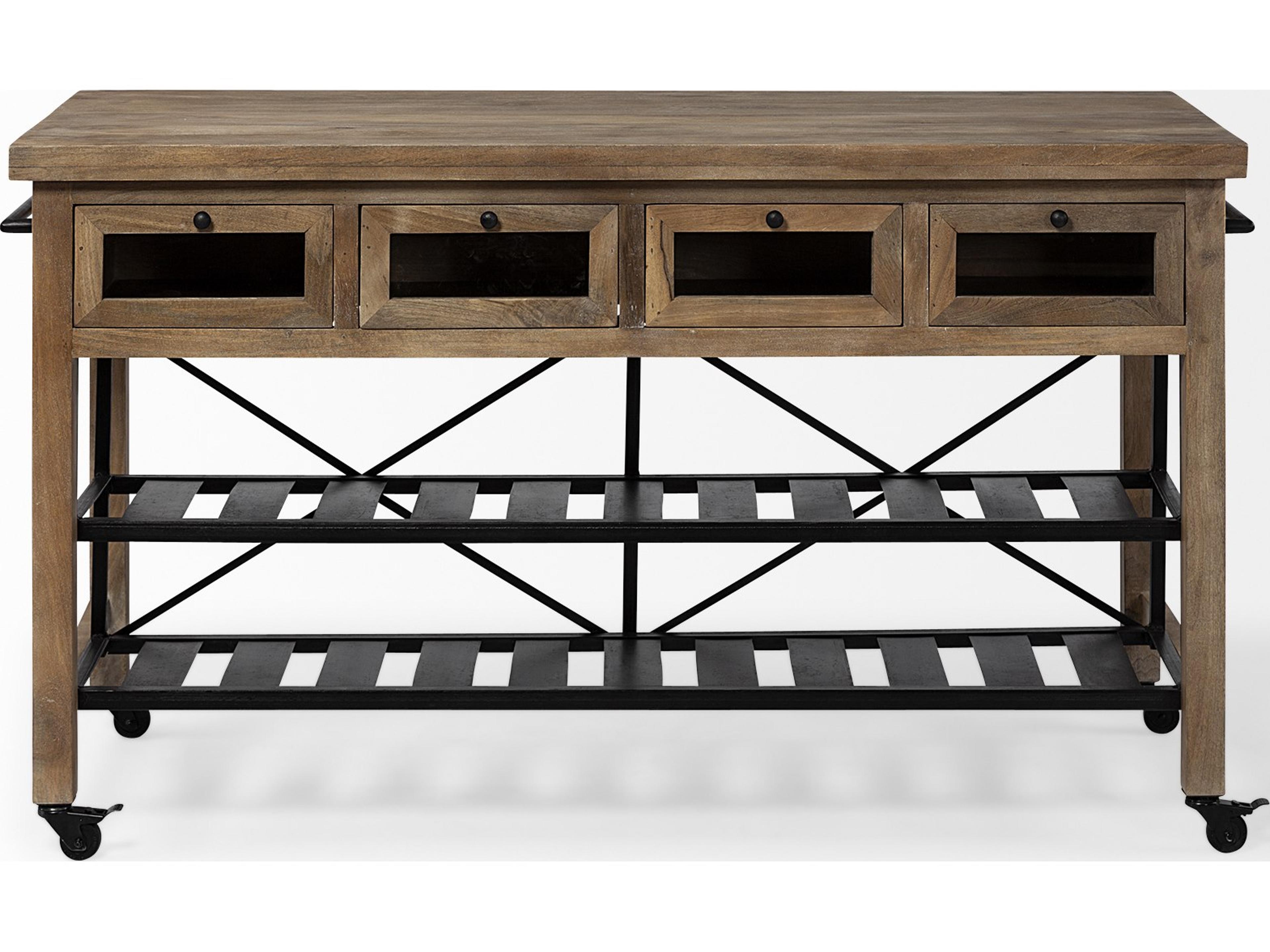 Mercana Stuart I Brown Solid Wood Top Two-Tier Black Metal Rolling Kitchen Island
