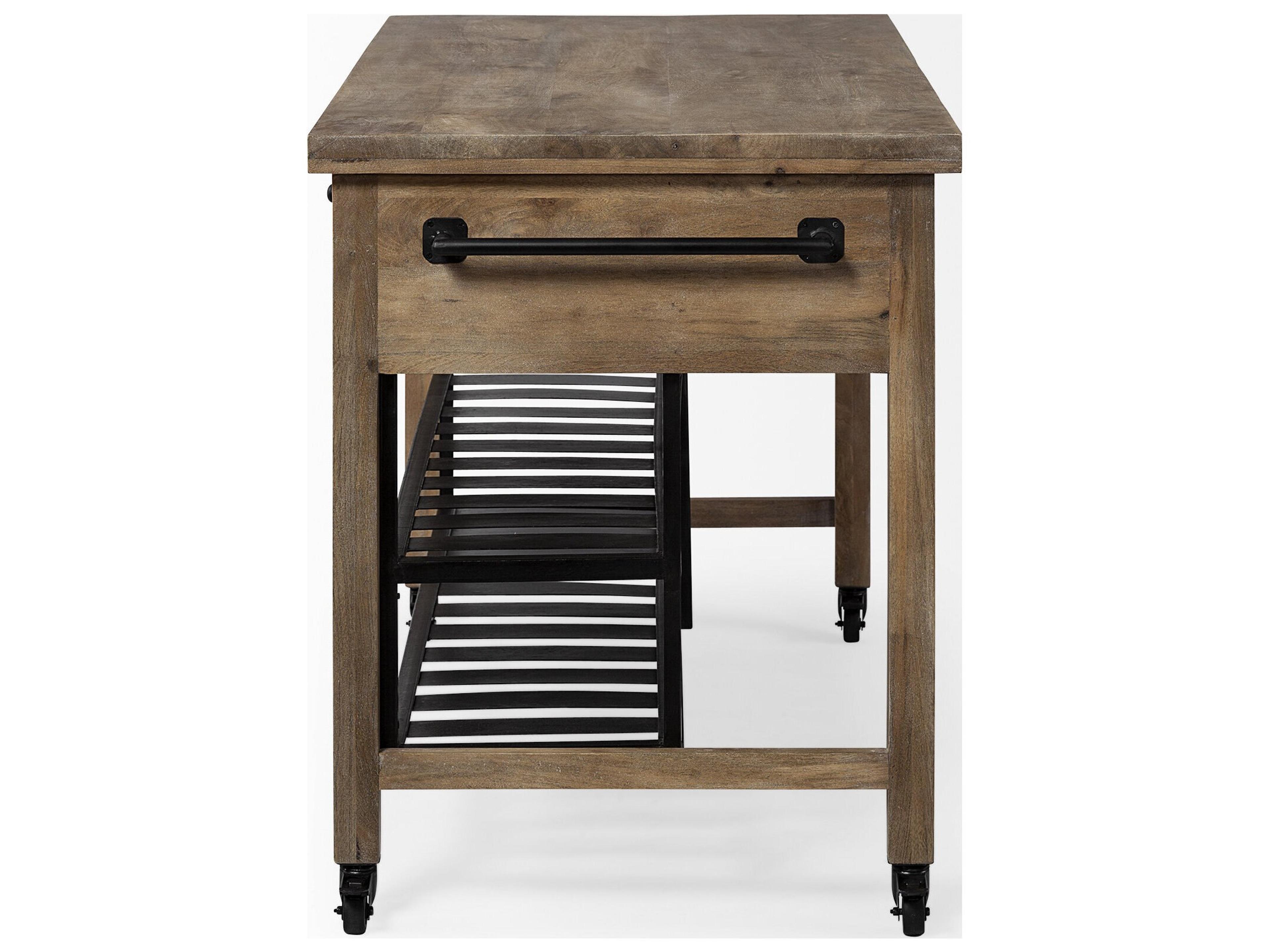 Mercana Stuart I Brown Solid Wood Top Two-Tier Black Metal Rolling Kitchen Island