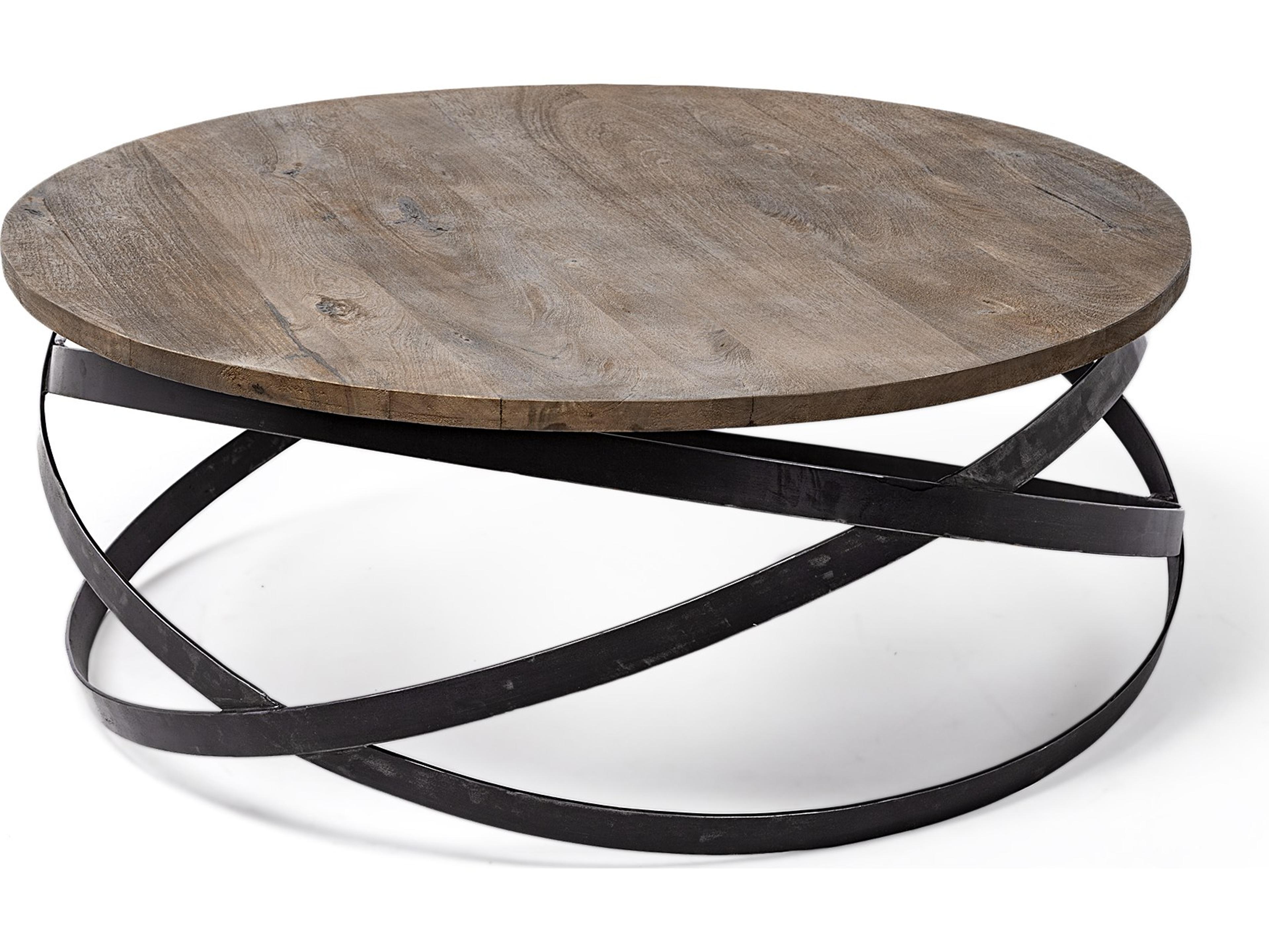Mercana Triumph 40" Round Brown Solid Wood Top Black Metal Base Coffee Table