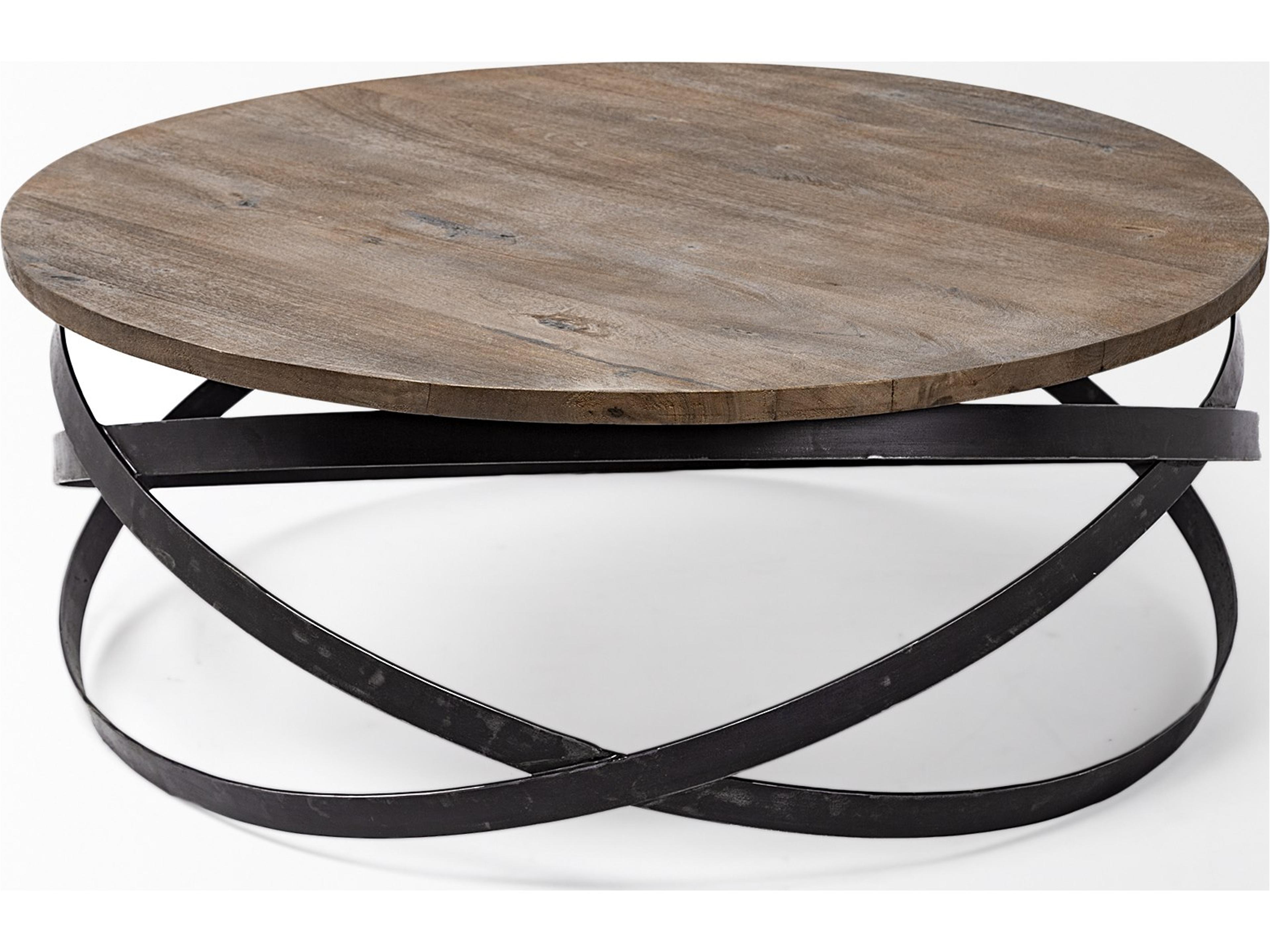 Mercana Triumph 40" Round Brown Solid Wood Top Black Metal Base Coffee Table