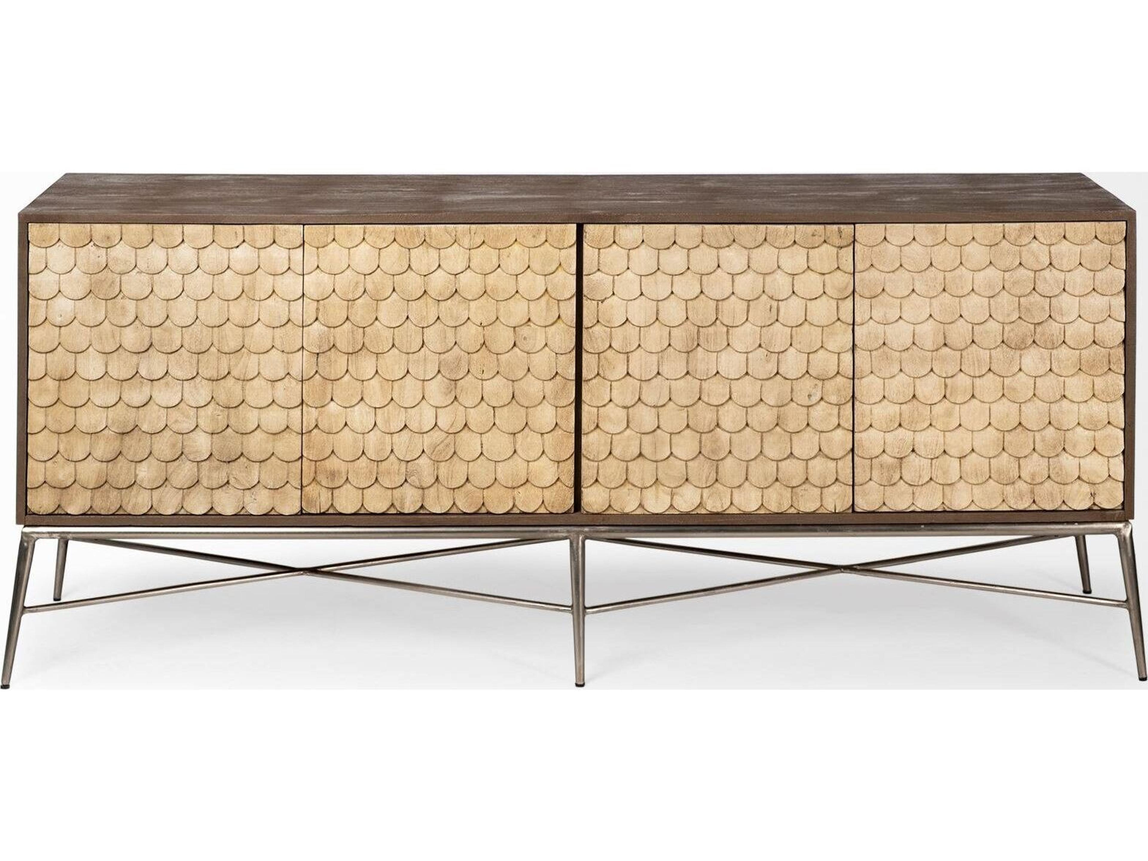 Mercana Swordfish 72L x 19W  x 30.25H Two-Tone Brown Wood Cabinet Silver Metal Base 4 Cabinet Door Sideboard