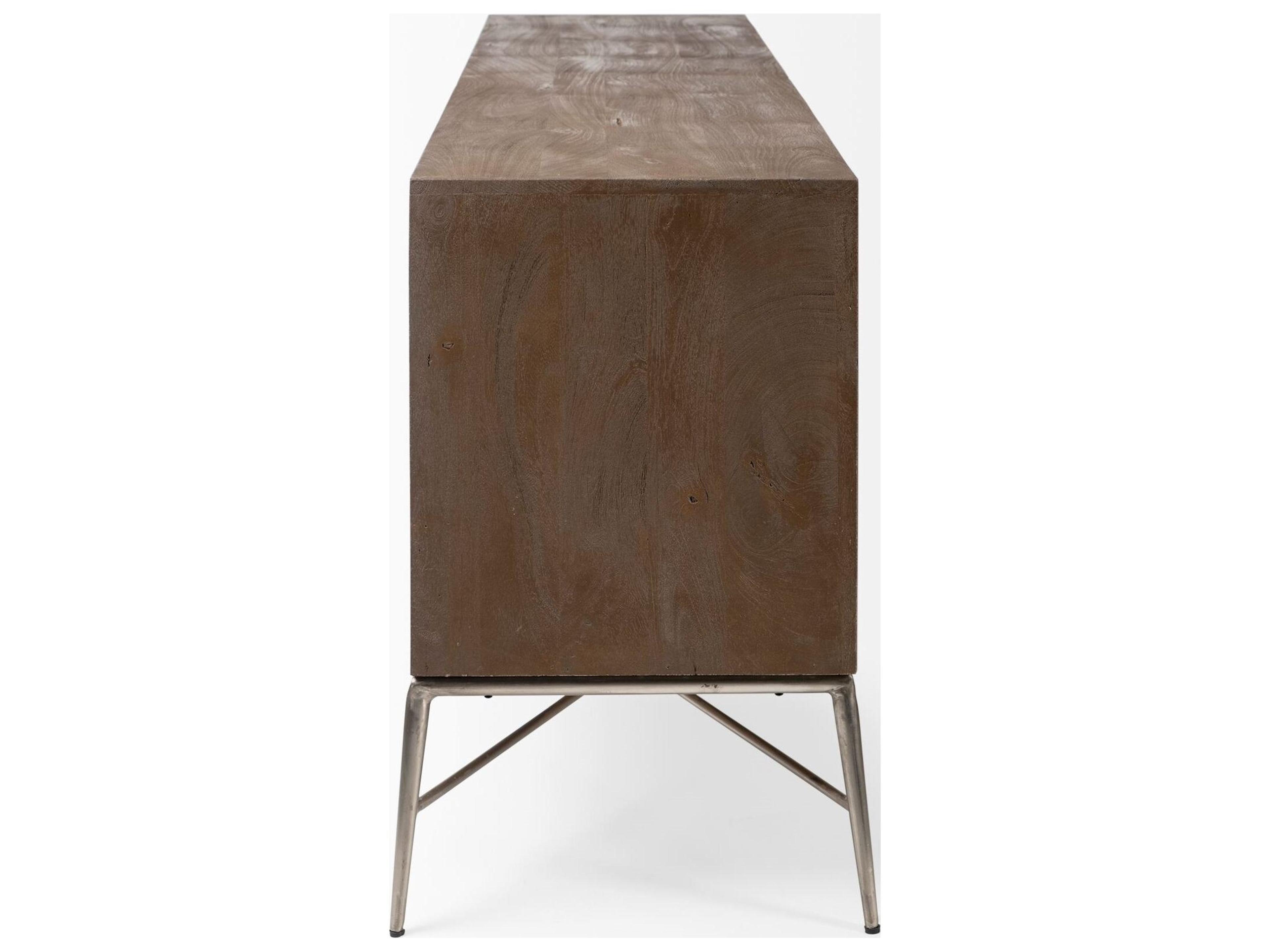 Mercana Swordfish 72L x 19W  x 30.25H Two-Tone Brown Wood Cabinet Silver Metal Base 4 Cabinet Door Sideboard