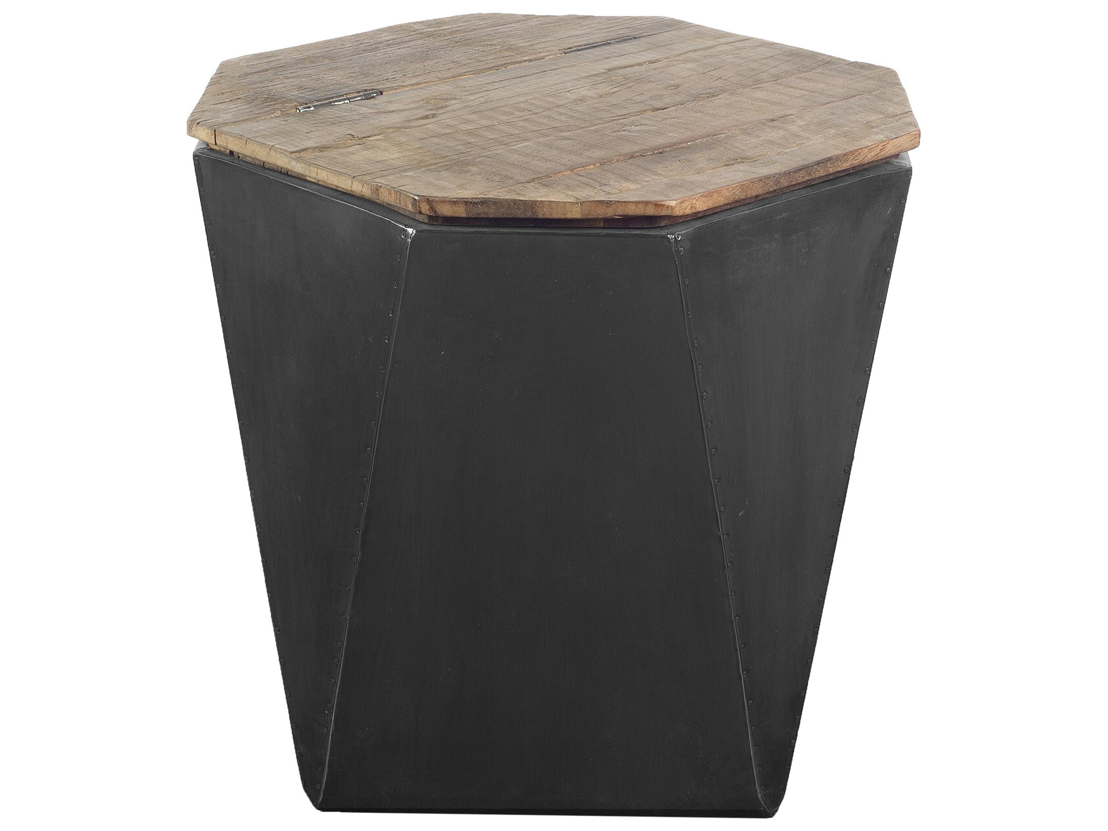 Esagono Octagonal Black Metal-Clad Reclaimed Wood End/Side Table w/ Storage