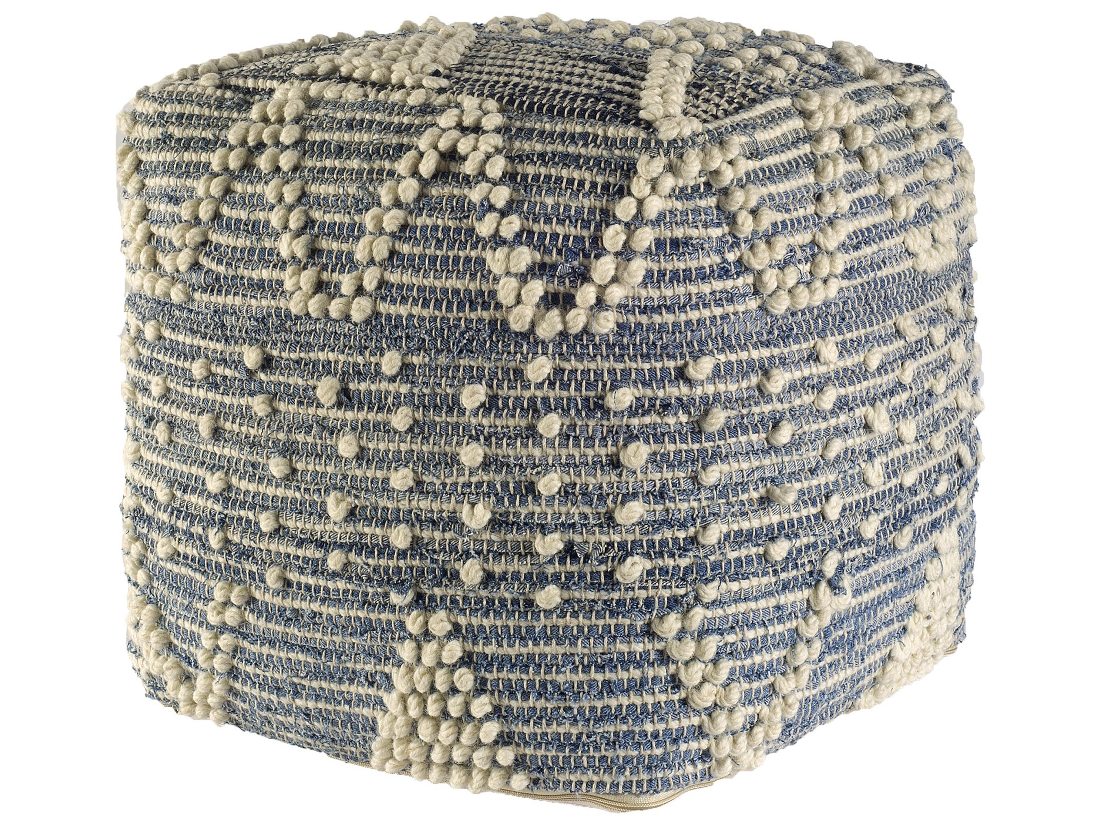 Mercana Rofi Blue Denim and Cream Cotton Stitched Square Pouf