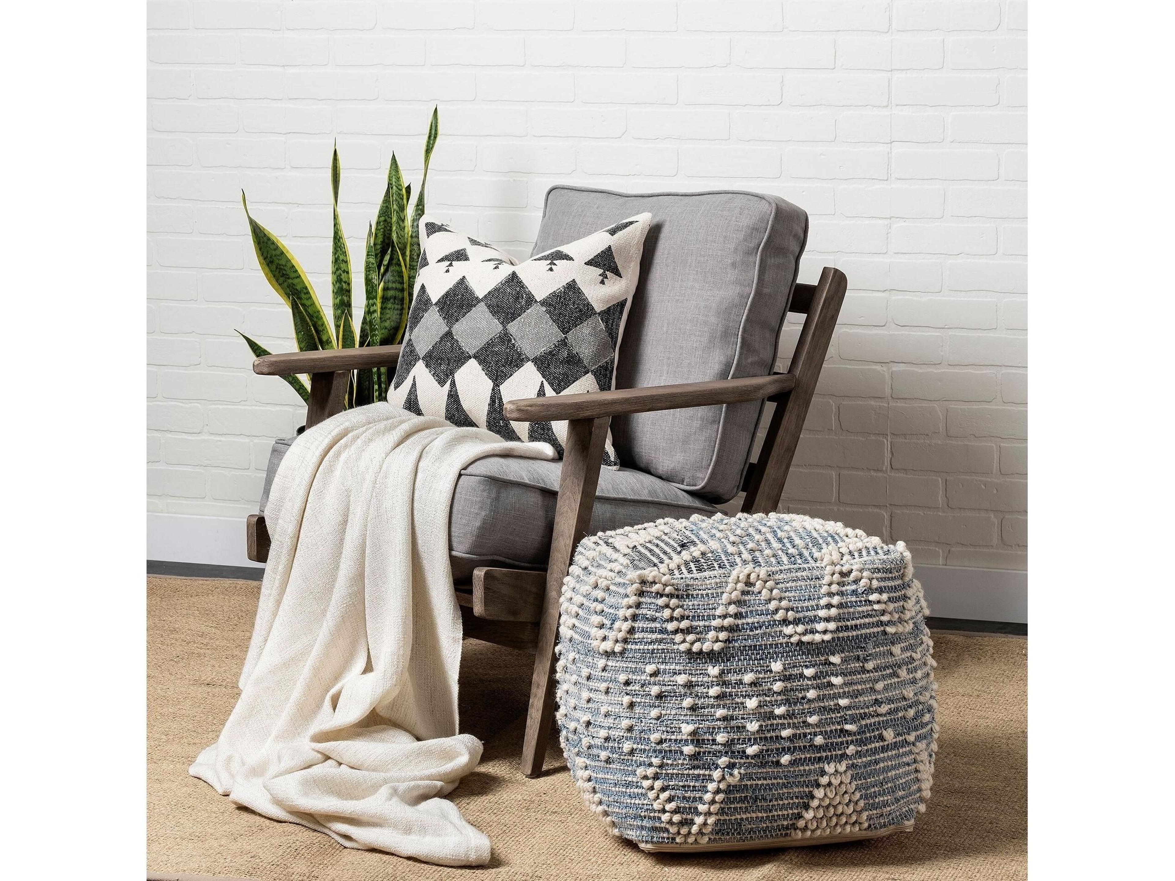 Mercana Rofi Blue Denim and Cream Cotton Stitched Square Pouf