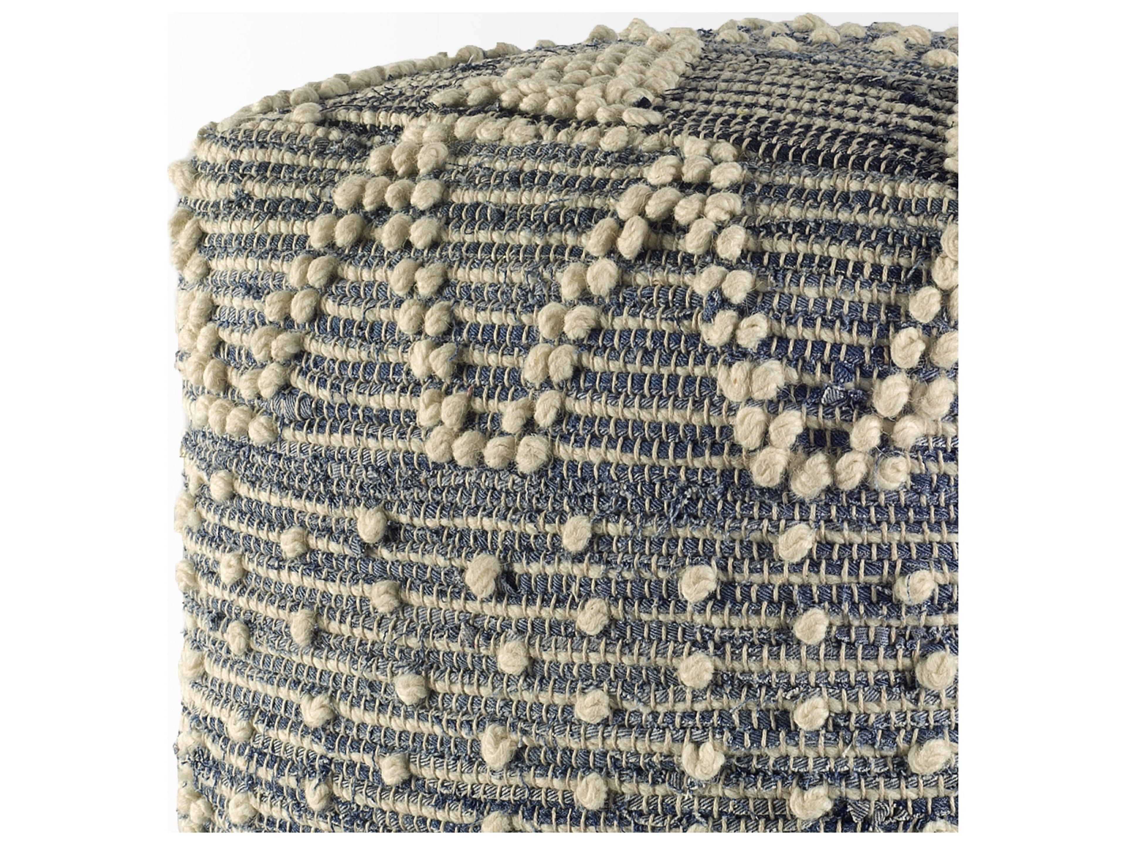 Mercana Rofi Blue Denim and Cream Cotton Stitched Square Pouf