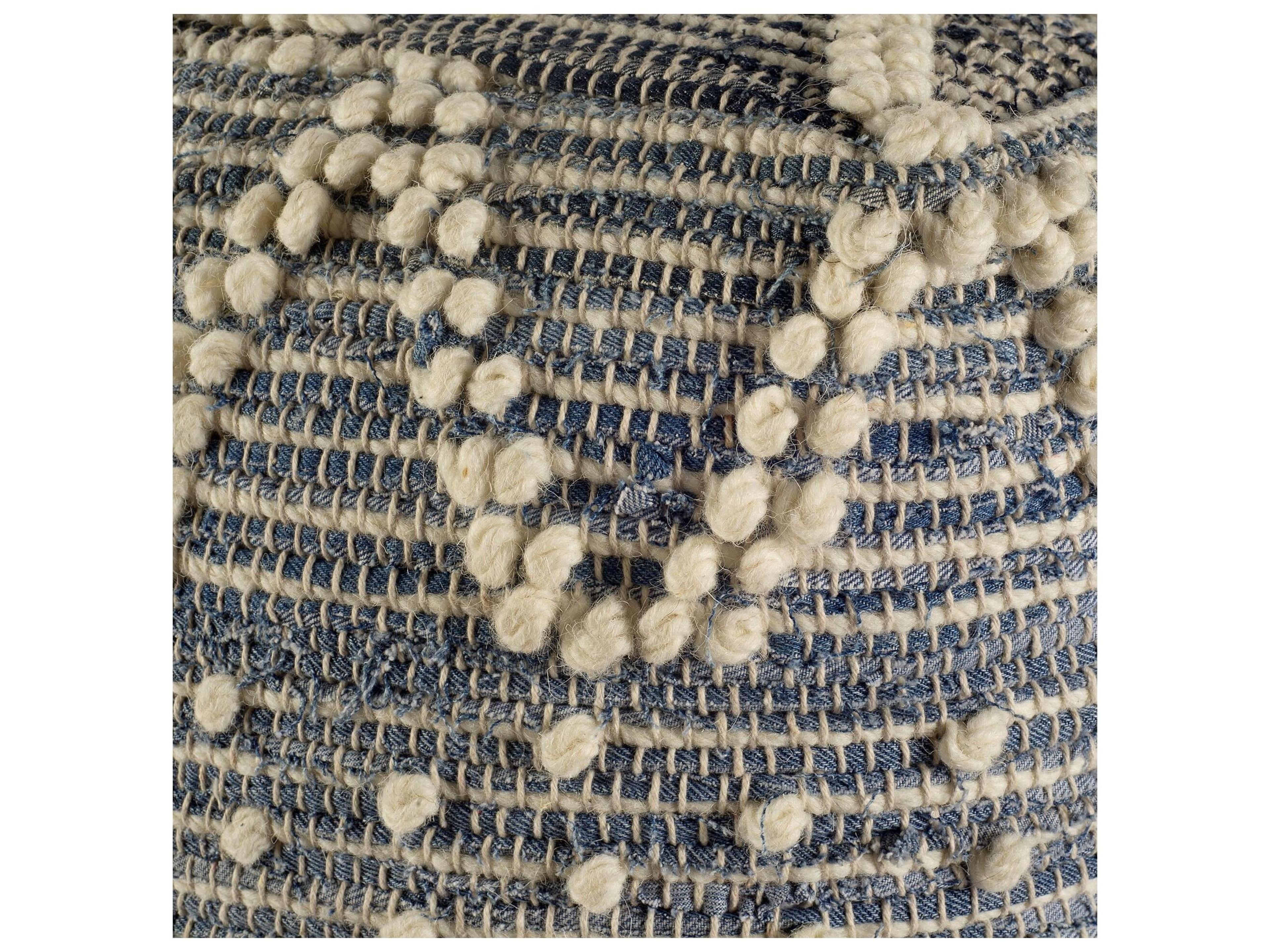 Mercana Rofi Blue Denim and Cream Cotton Stitched Square Pouf