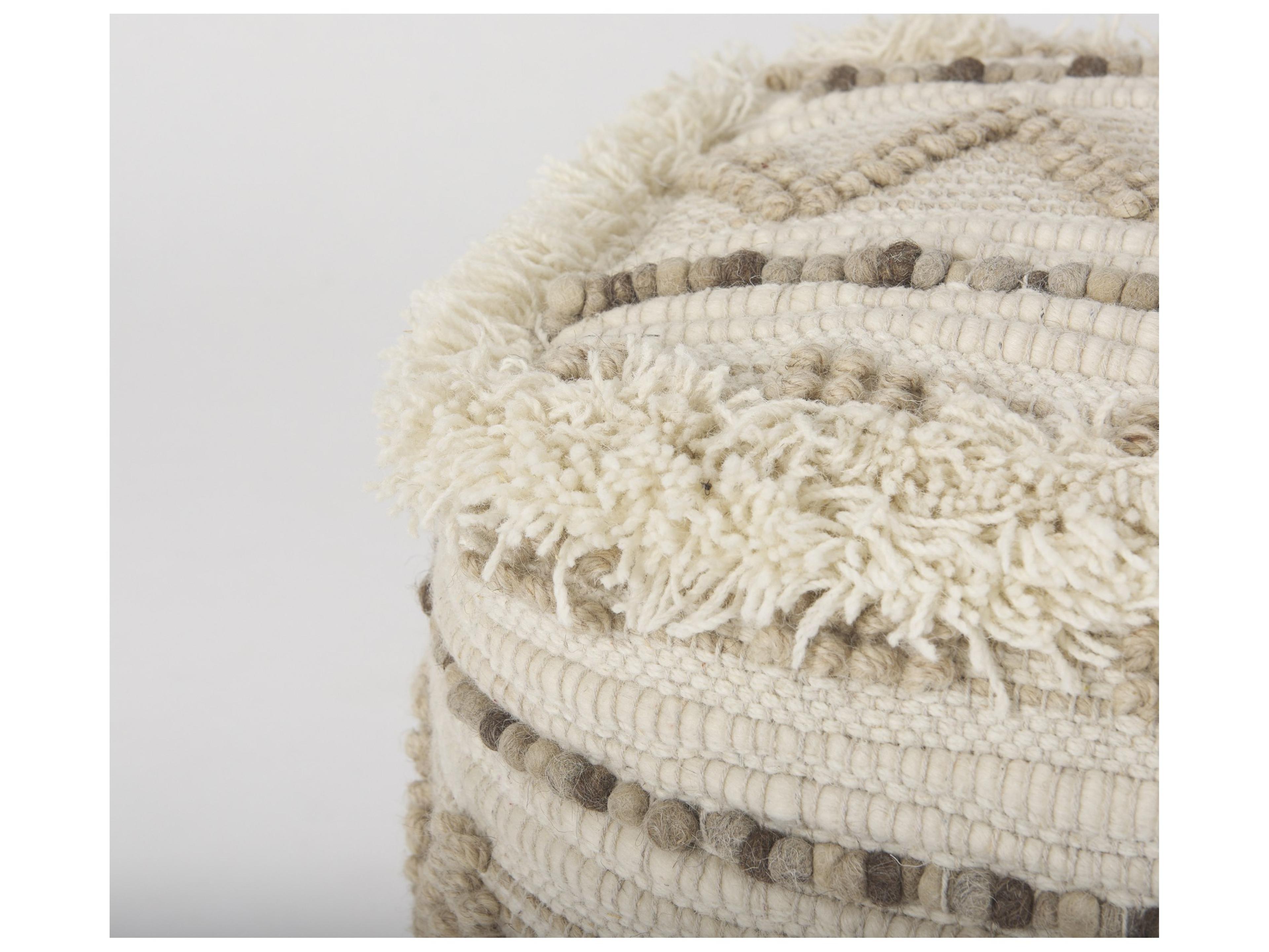 Mercana Caela Beige/Brown Wool, Cotton and Felt Popcorn Stitch Square Pouf