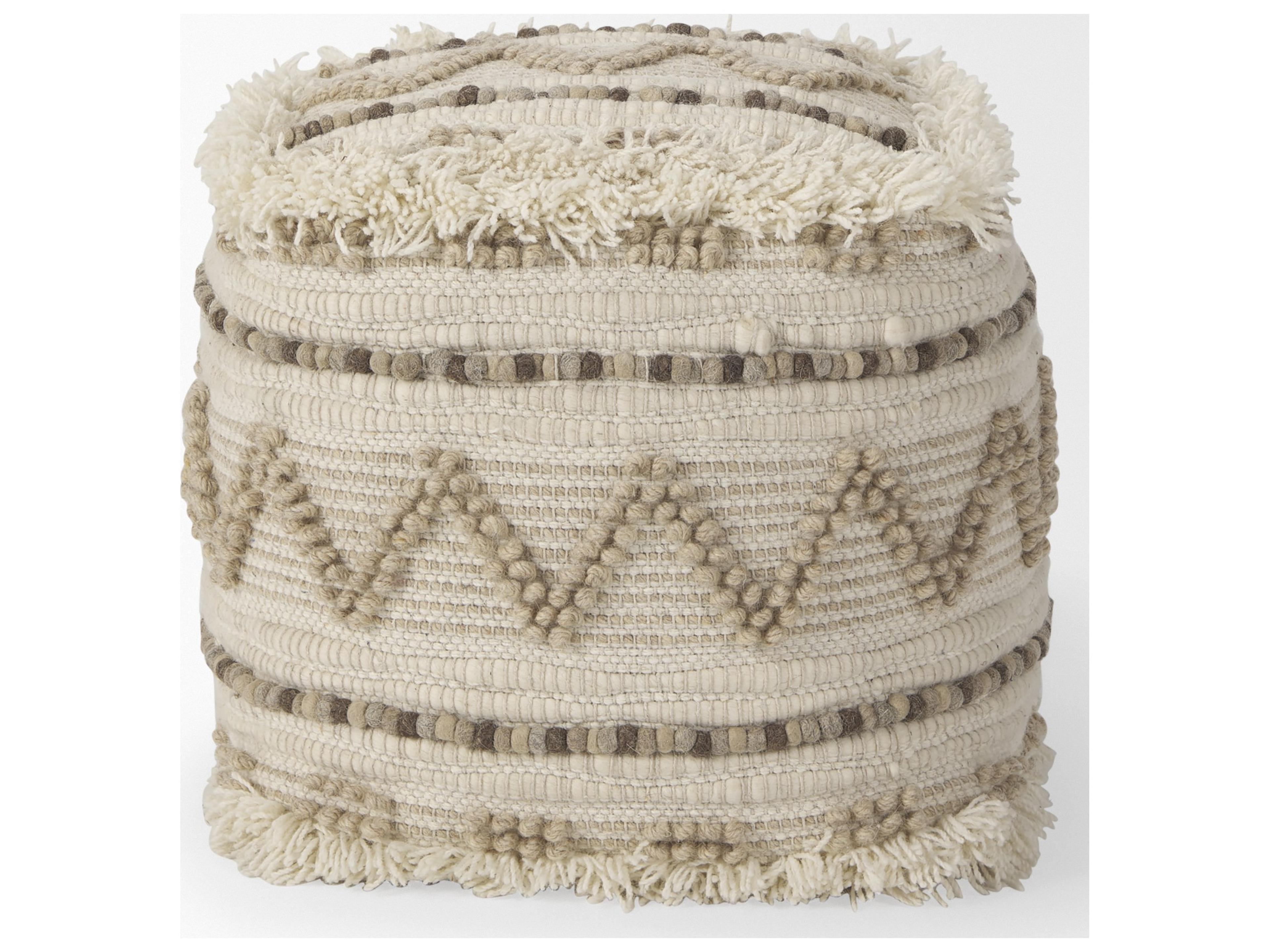 Mercana Caela Beige/Brown Wool, Cotton and Felt Popcorn Stitch Square Pouf