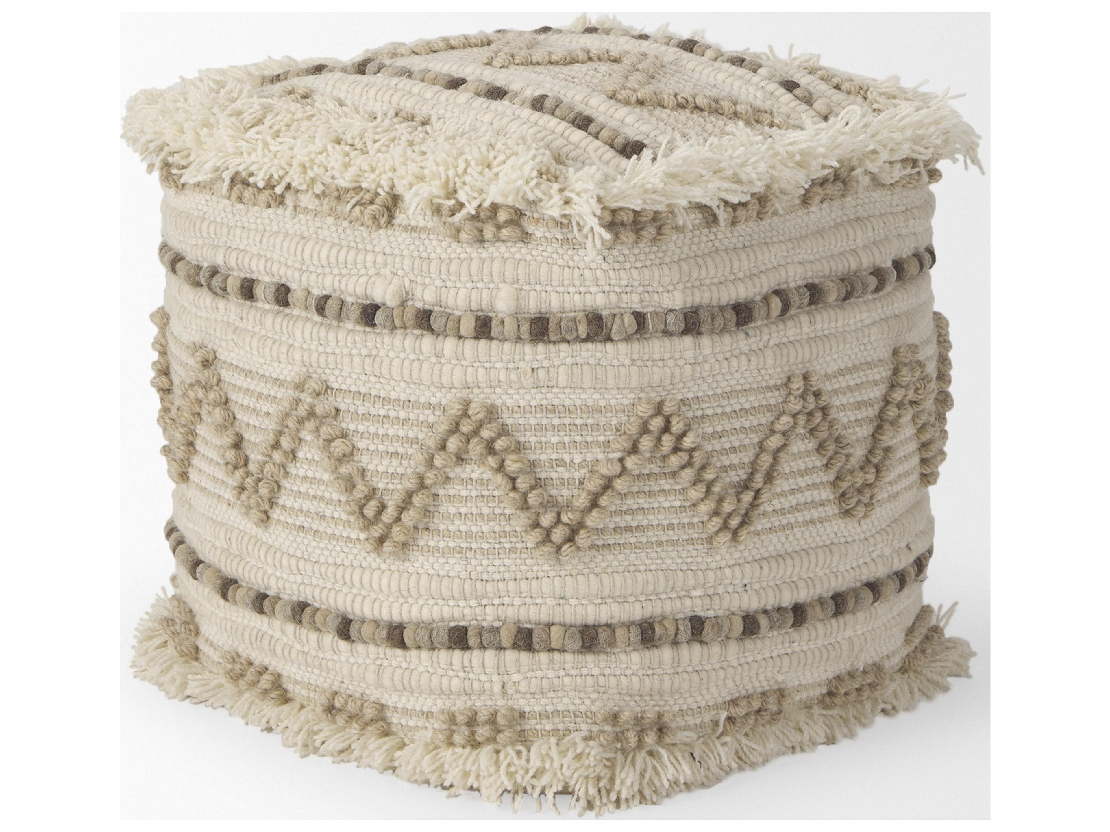 Mercana Caela Beige/Brown Wool, Cotton and Felt Popcorn Stitch Square Pouf