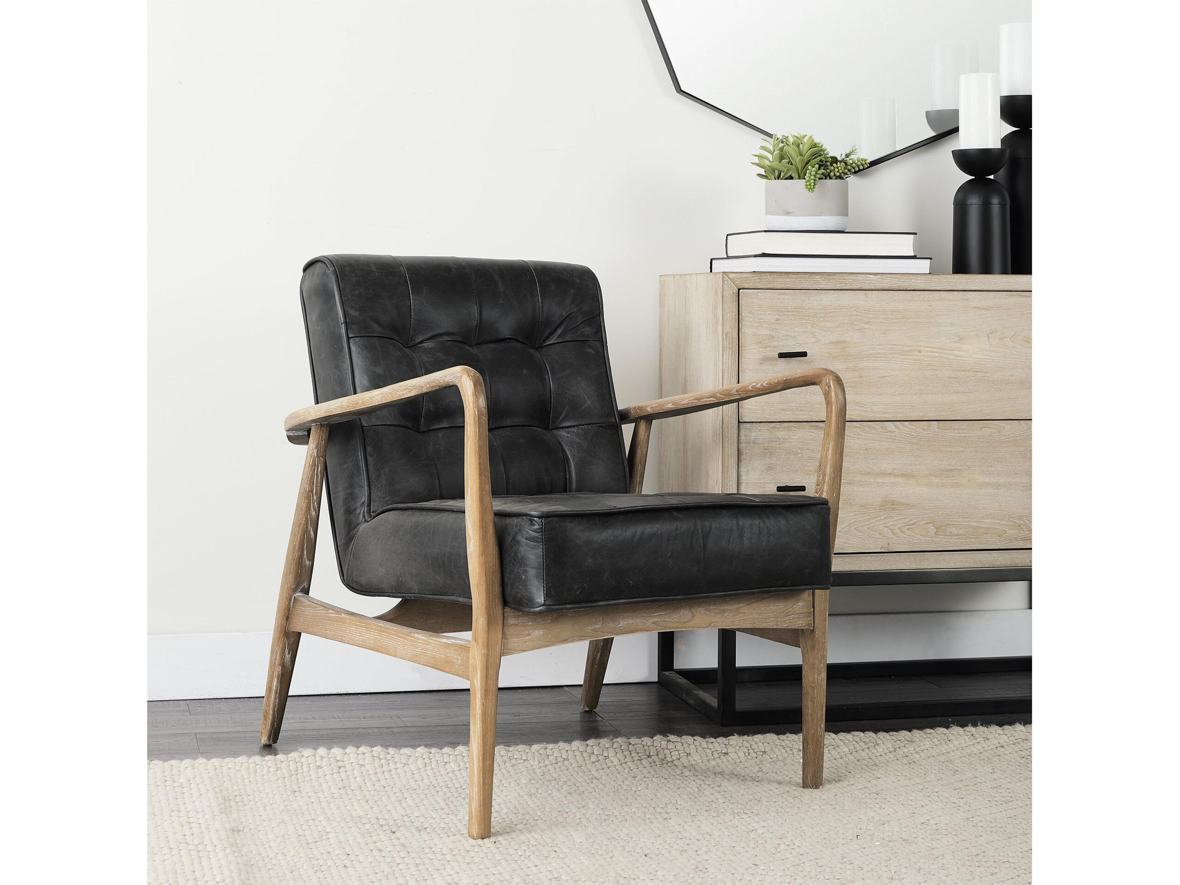 Mercana Phineas Black Leather W/ Brown Wooden Frame Accent Chair