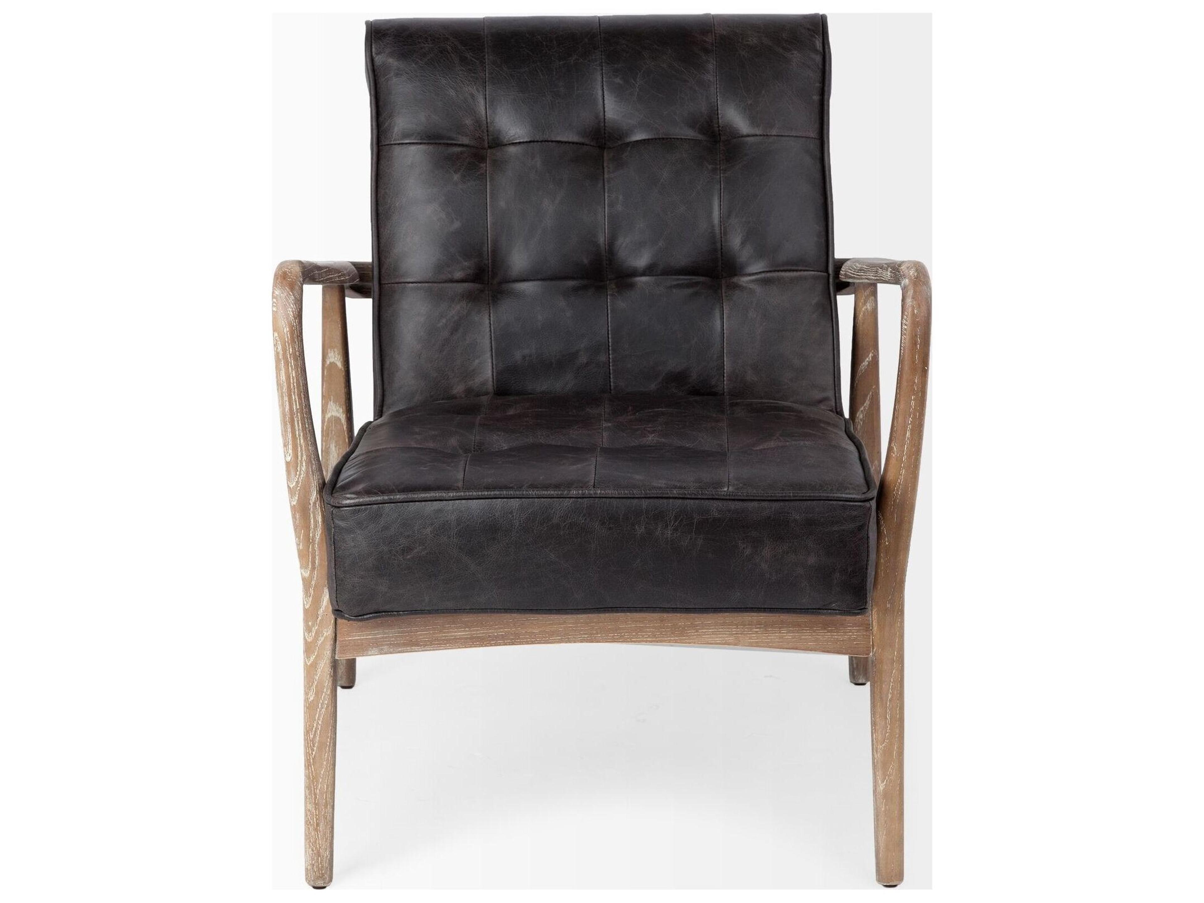 Mercana Phineas Black Leather W/ Brown Wooden Frame Accent Chair